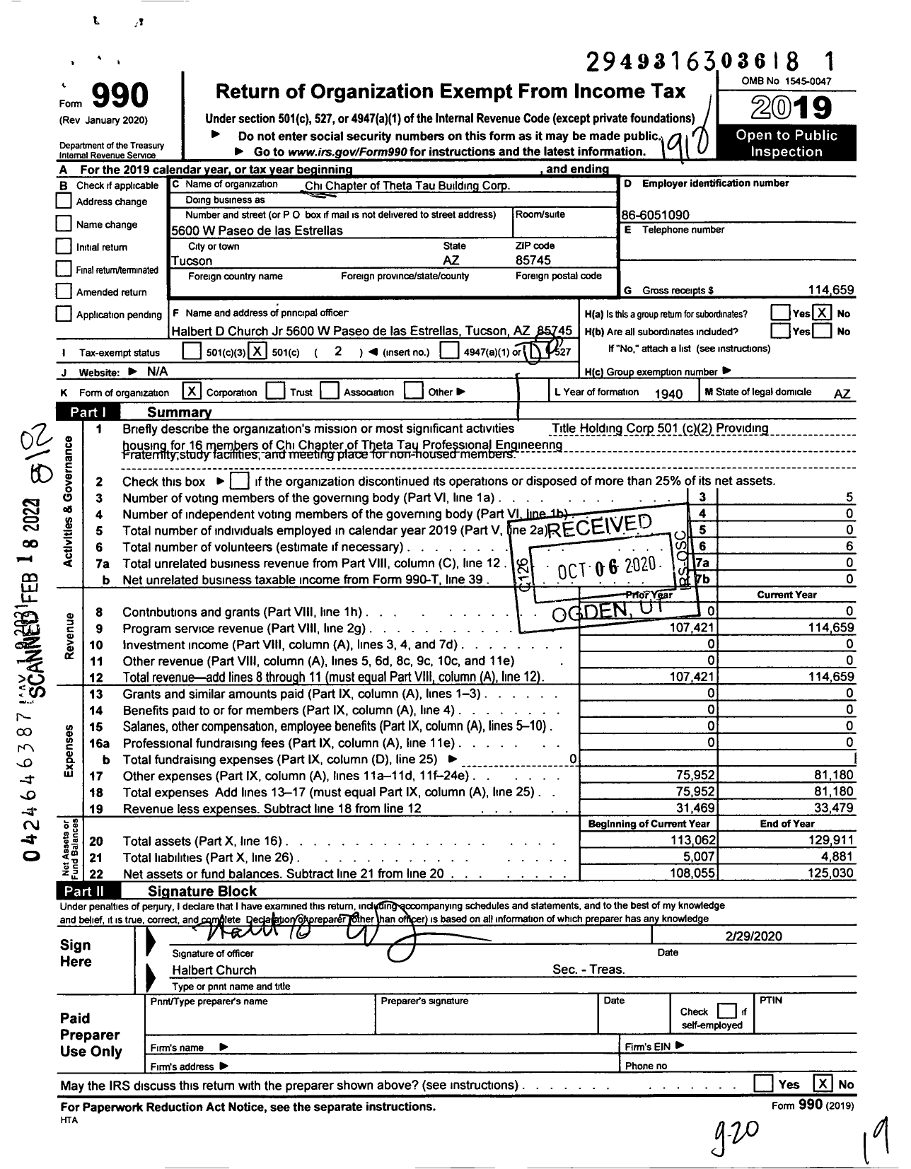 Image of first page of 2019 Form 990O for Chi Chapter of Theta Tau Building Corp