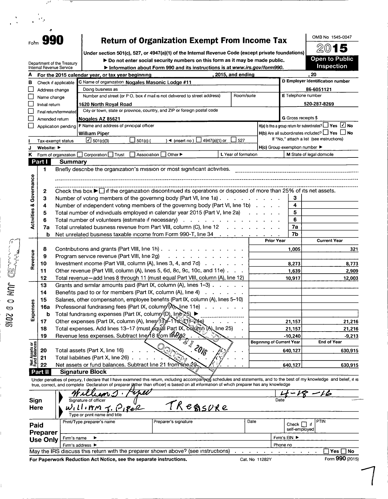 Image of first page of 2015 Form 990 for Free and Accepted Masons of Arizona Masonic Temple - 11 Nogales Lodge