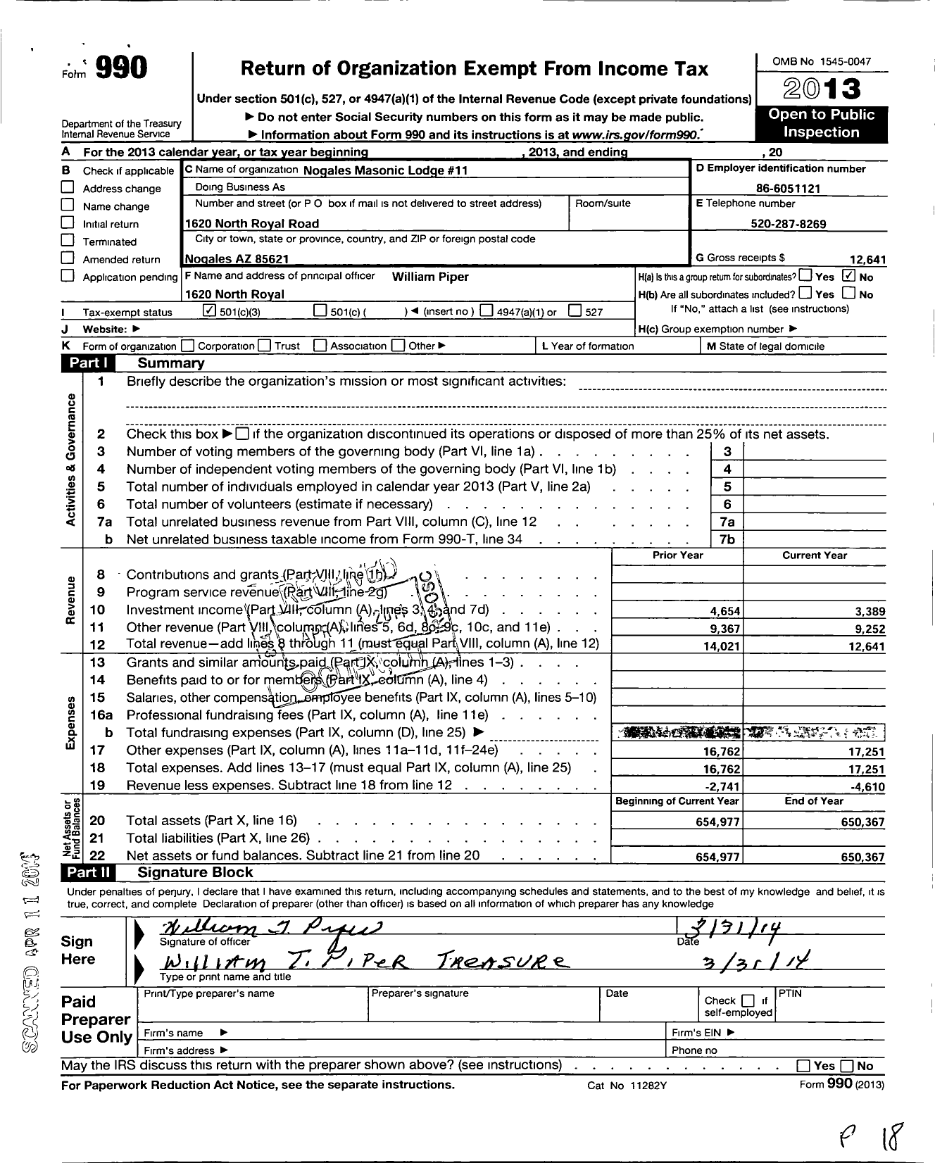 Image of first page of 2013 Form 990 for Free and Accepted Masons of Arizona Masonic Temple - 11 Nogales Lodge