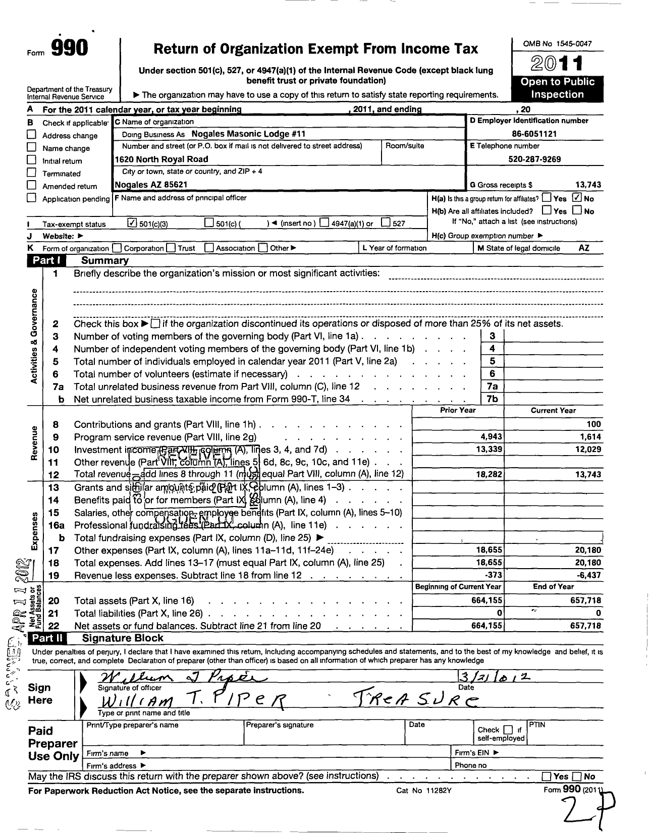 Image of first page of 2011 Form 990 for Free and Accepted Masons of Arizona Masonic Temple - 11 Nogales Lodge