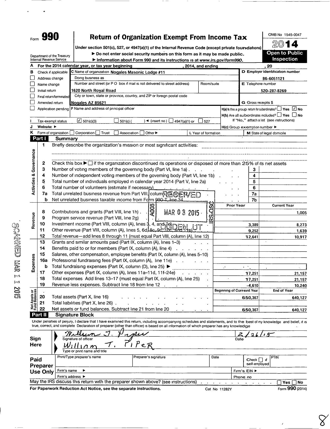 Image of first page of 2014 Form 990 for Free and Accepted Masons of Arizona Masonic Temple - 11 Nogales Lodge