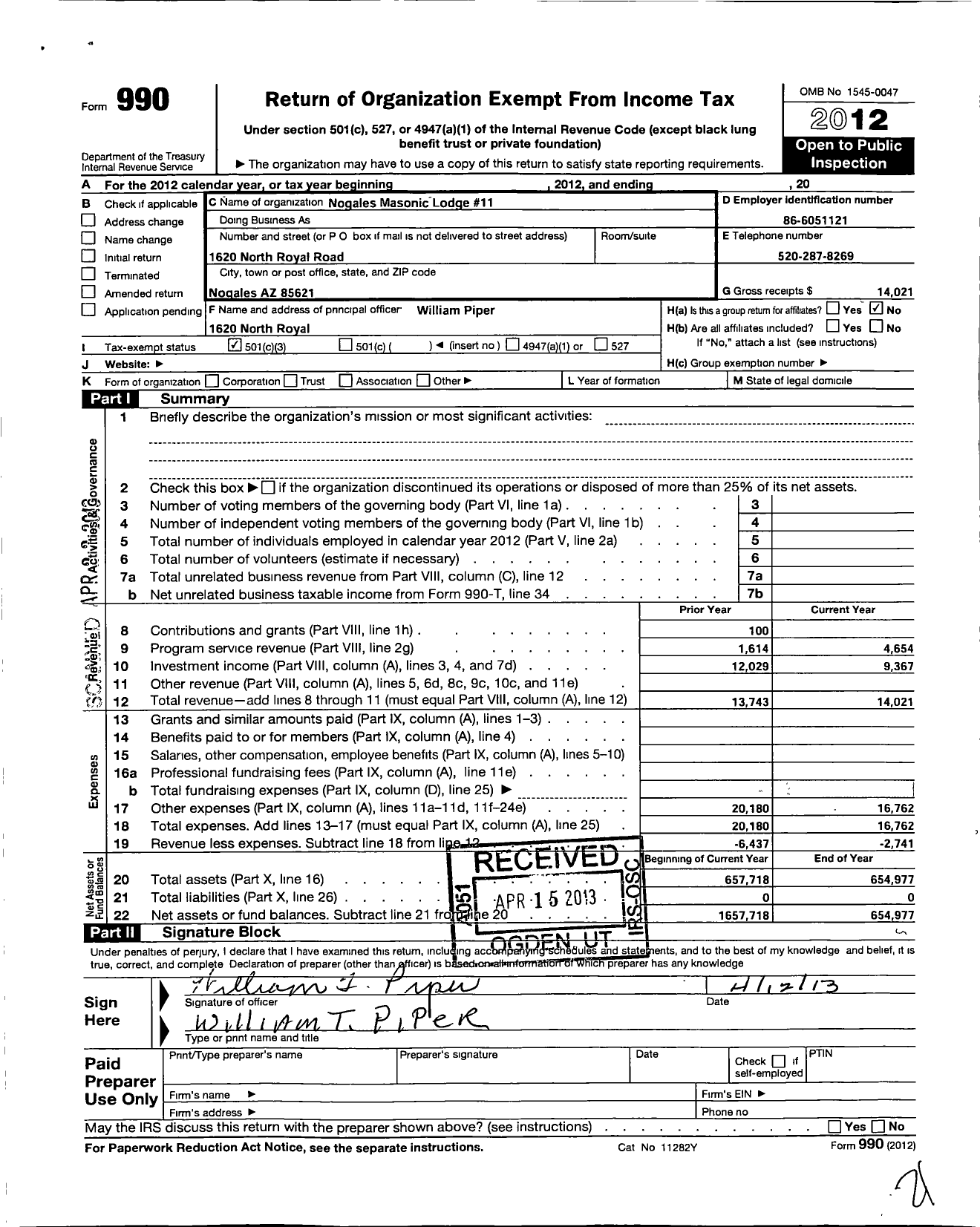 Image of first page of 2012 Form 990 for Free and Accepted Masons of Arizona Masonic Temple - 11 Nogales Lodge