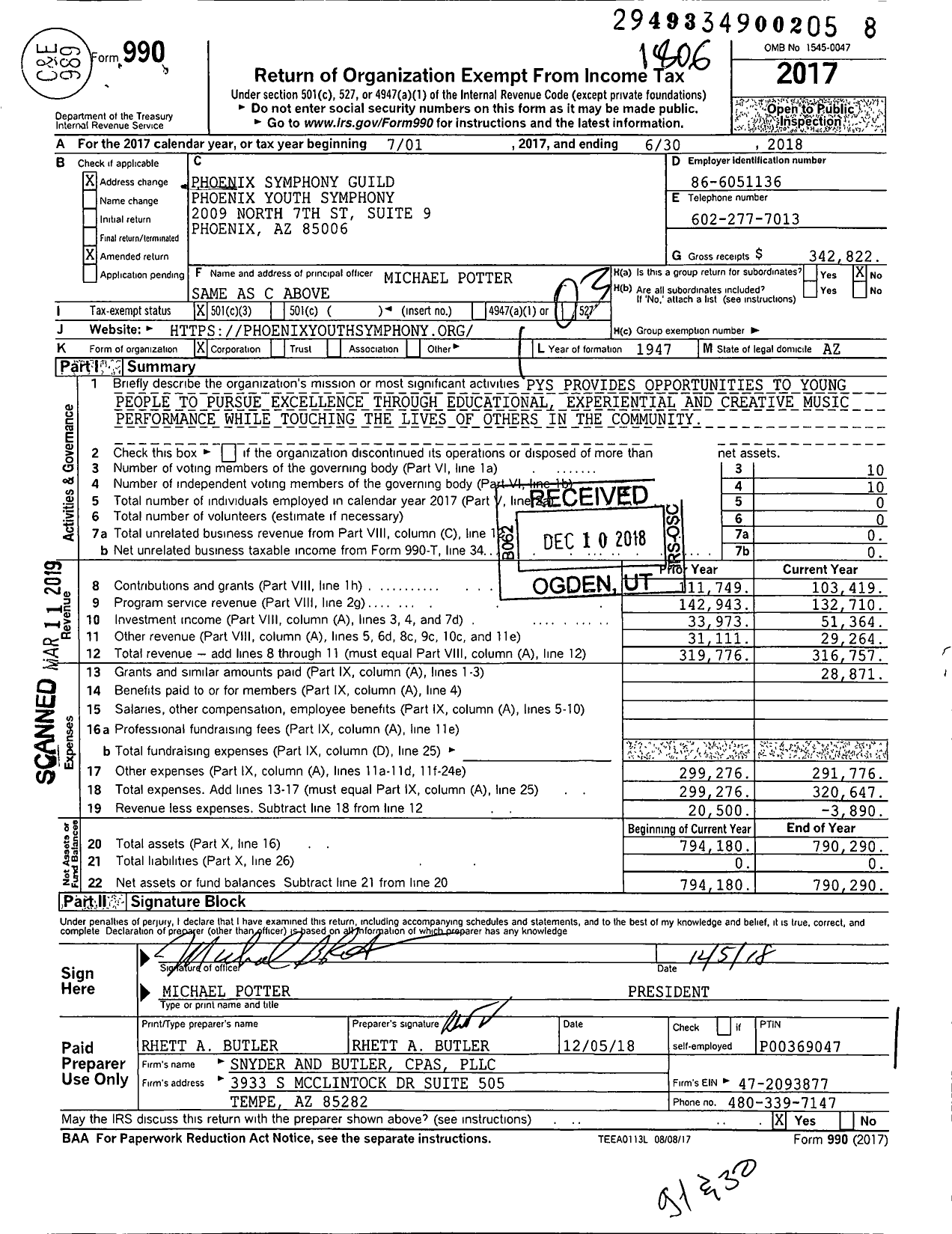 Image of first page of 2017 Form 990 for Phoenix Youth Symphony Orchestra