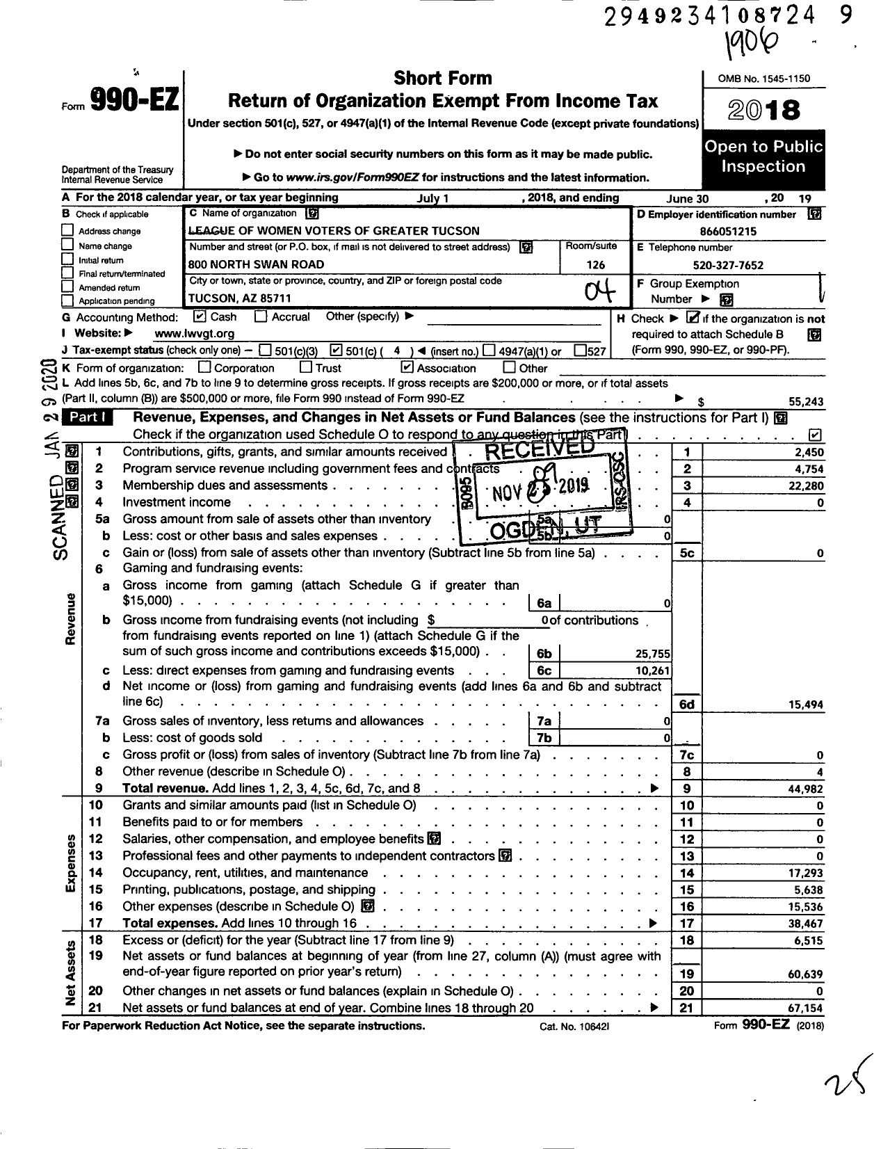 Image of first page of 2018 Form 990EO for League of Women Voters of Arizona / Greater Tucson