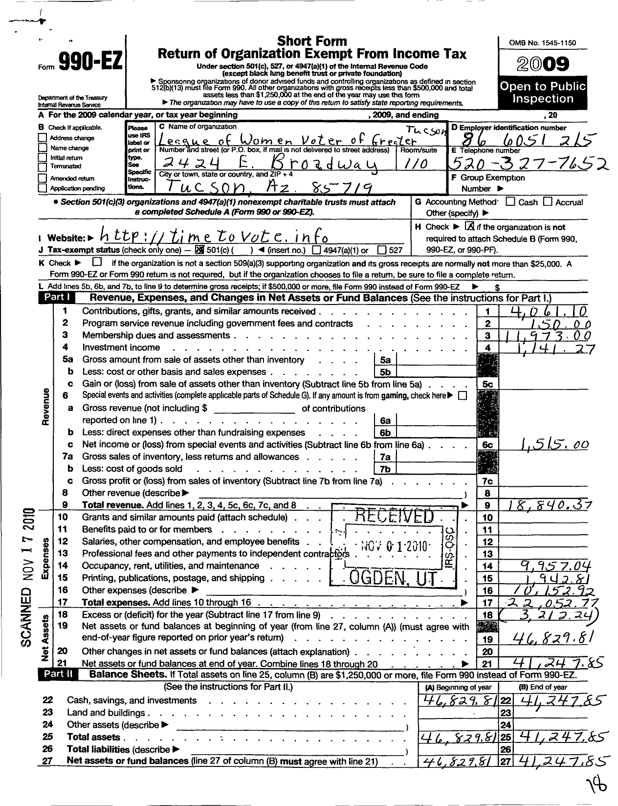 Image of first page of 2009 Form 990EO for League of Women Voters of Arizona / Greater Tucson