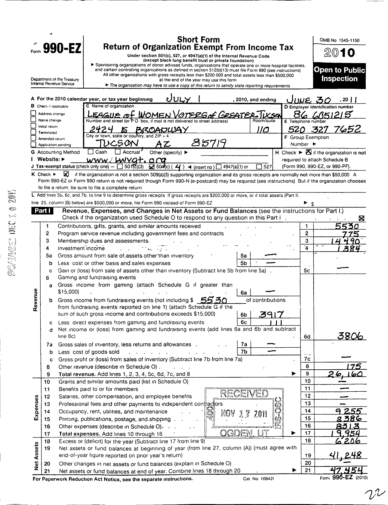 Image of first page of 2010 Form 990EO for League of Women Voters of Arizona / Greater Tucson