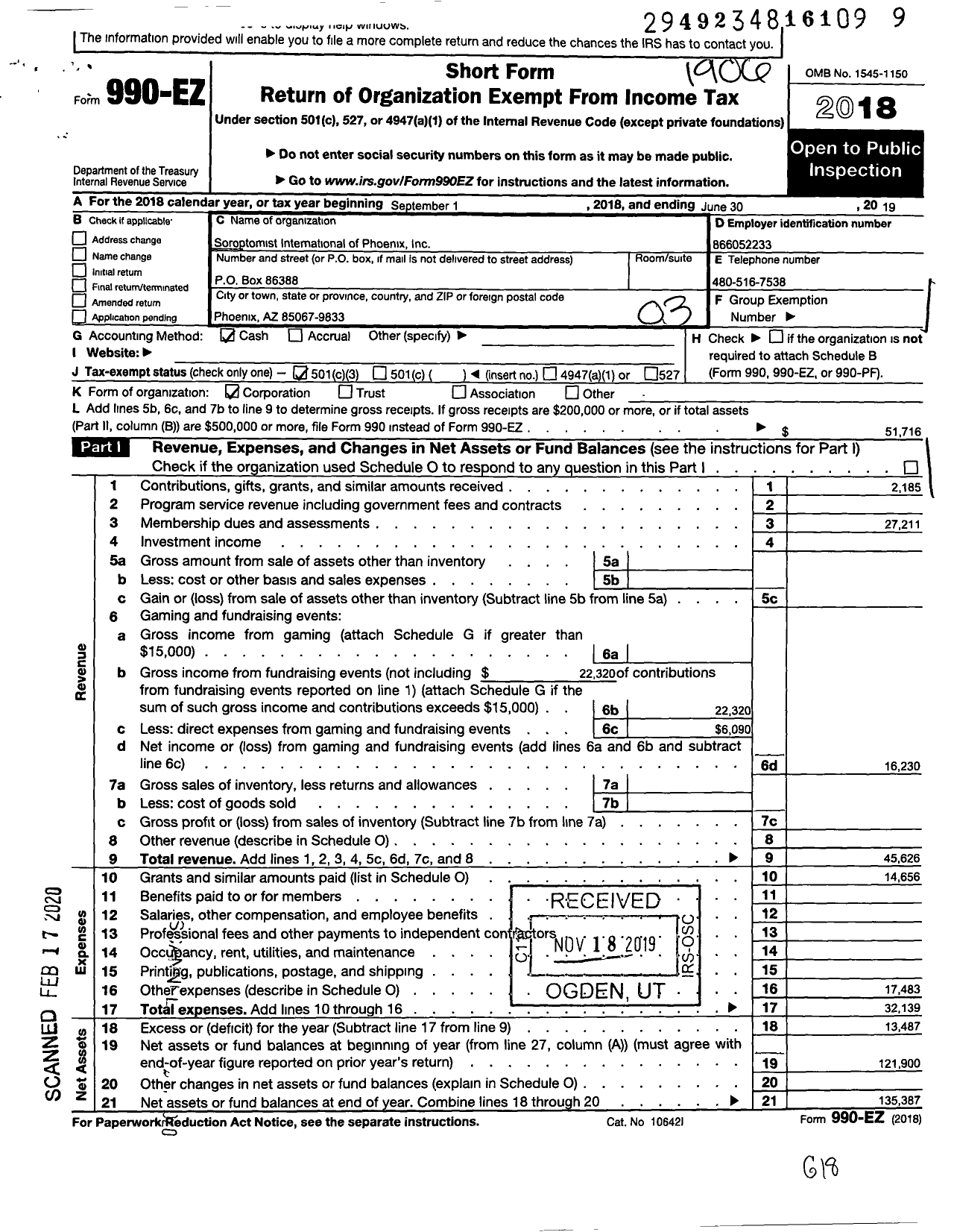 Image of first page of 2018 Form 990EZ for Soroptimist International of the Americas - 114115 Phoenix Az