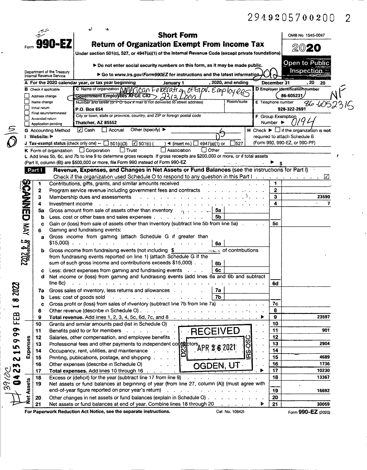 Image of first page of 2020 Form 990EO for American Federation of Government Employees - 2313 Local Afge Bop Doj