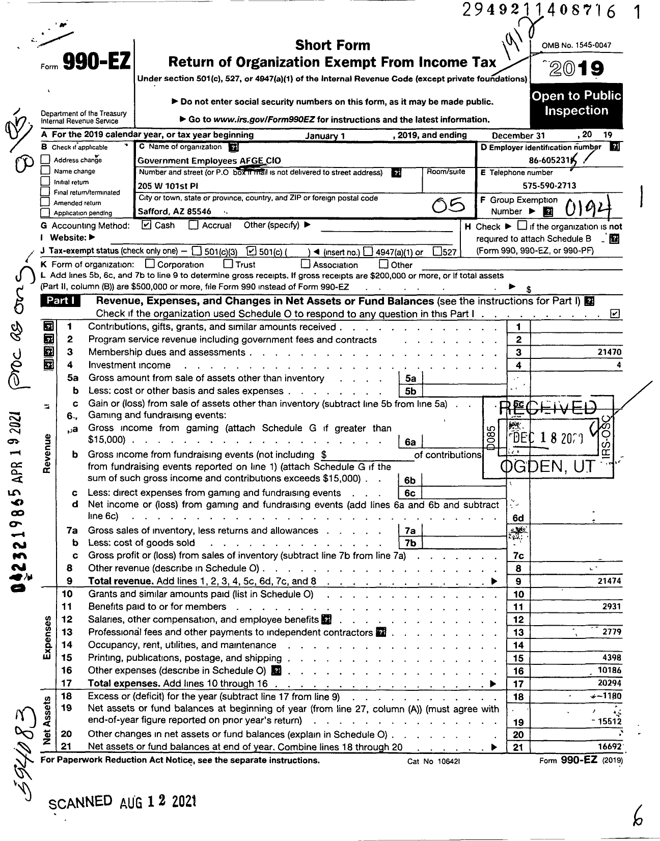 Image of first page of 2019 Form 990EO for American Federation of Government Employees - 2313 Local Afge Bop Doj