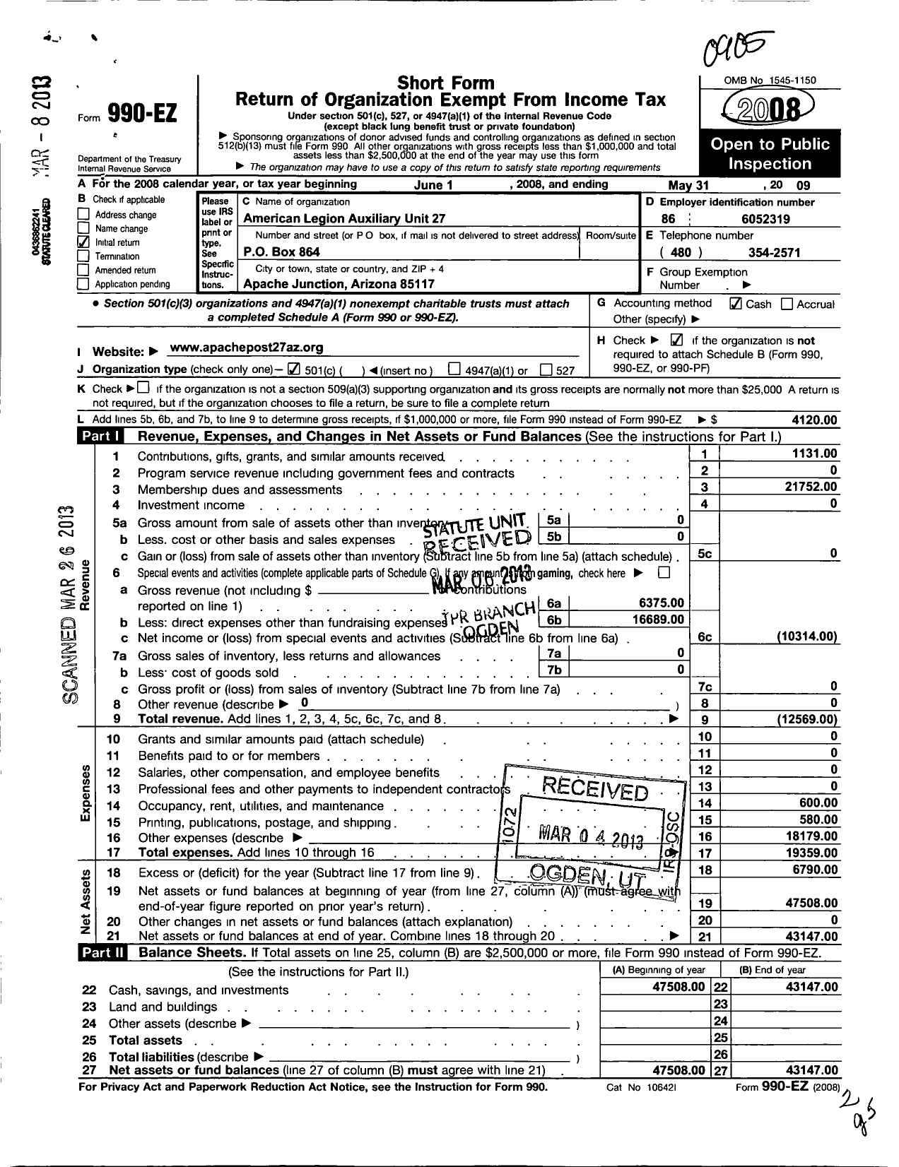 Image of first page of 2008 Form 990EO for American Legion Auxiliary - 27 Apache