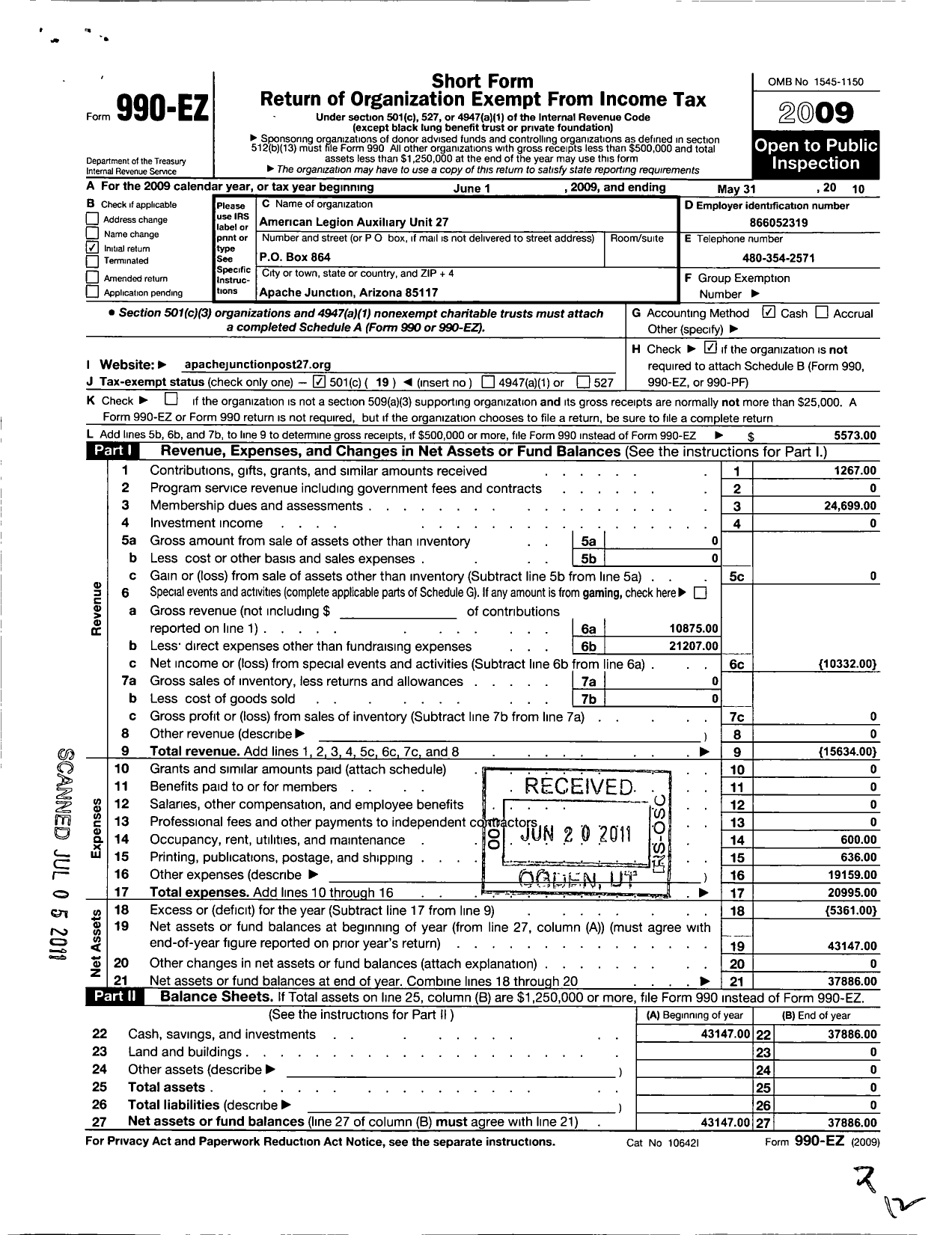 Image of first page of 2009 Form 990EO for American Legion Auxiliary - 27 Apache