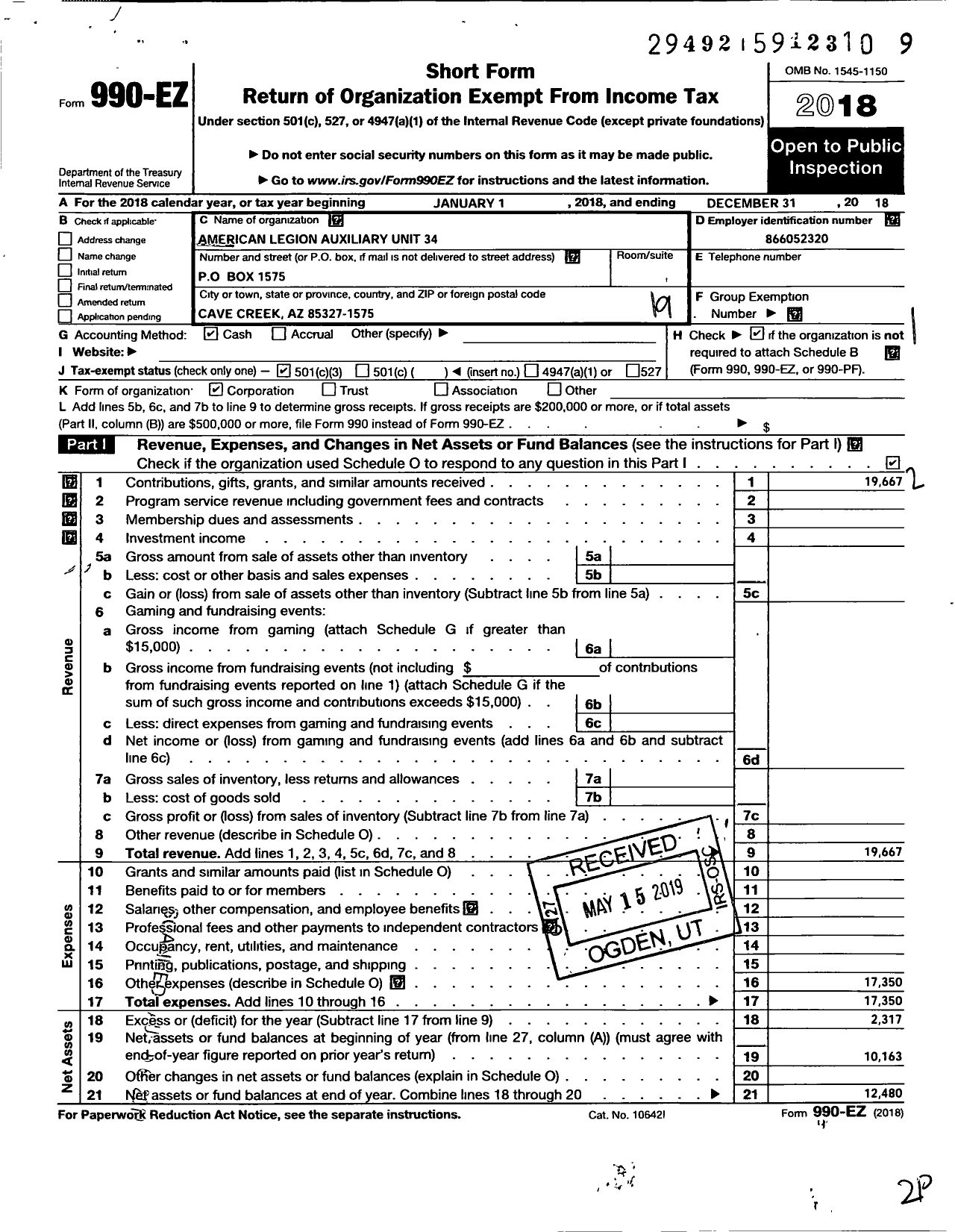 Image of first page of 2018 Form 990EO for American Legion Auxiliary - 34 Frank W Wright