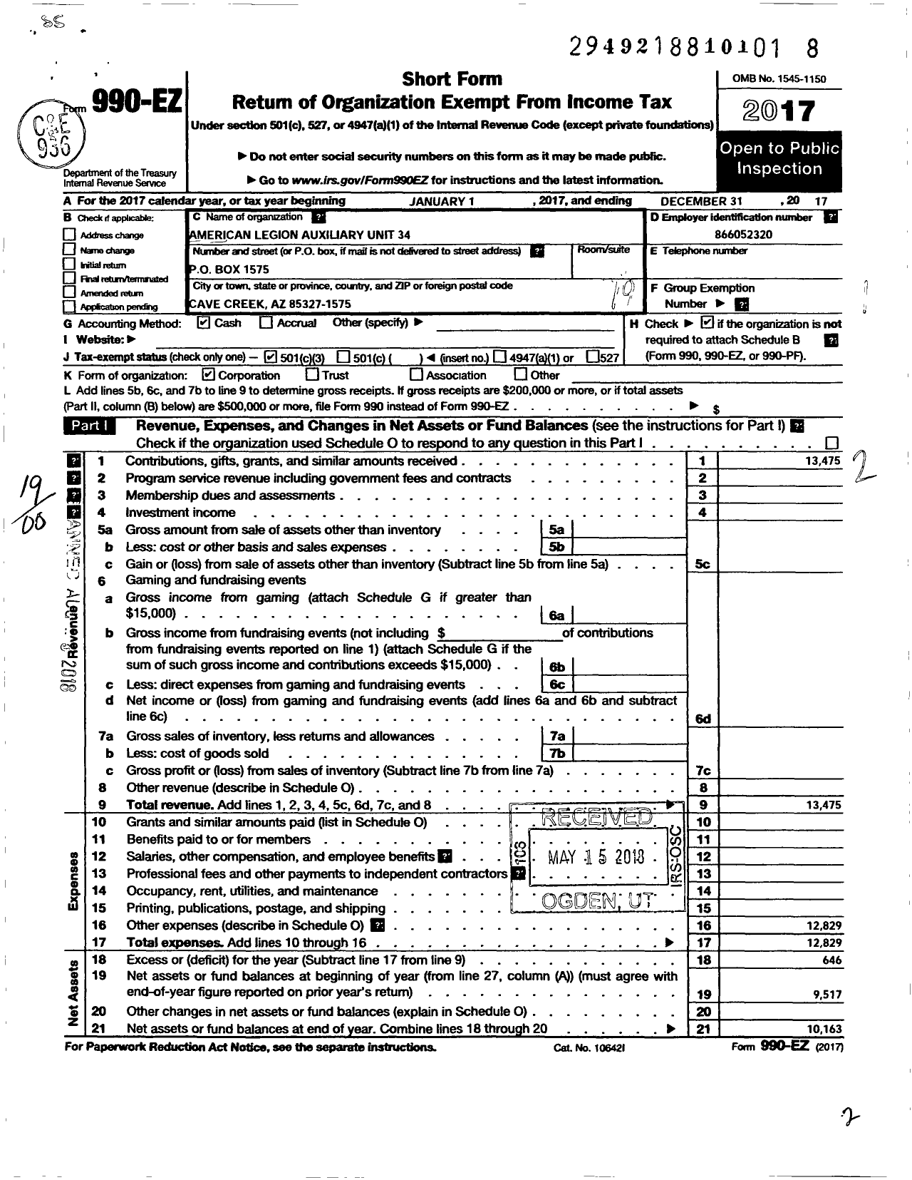 Image of first page of 2017 Form 990EO for American Legion Auxiliary - 34 Frank W Wright