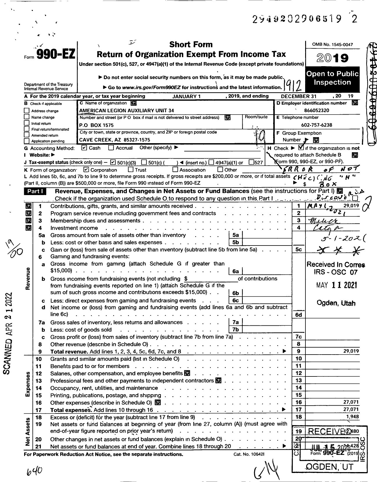 Image of first page of 2019 Form 990EO for American Legion Auxiliary - 34 Frank W Wright