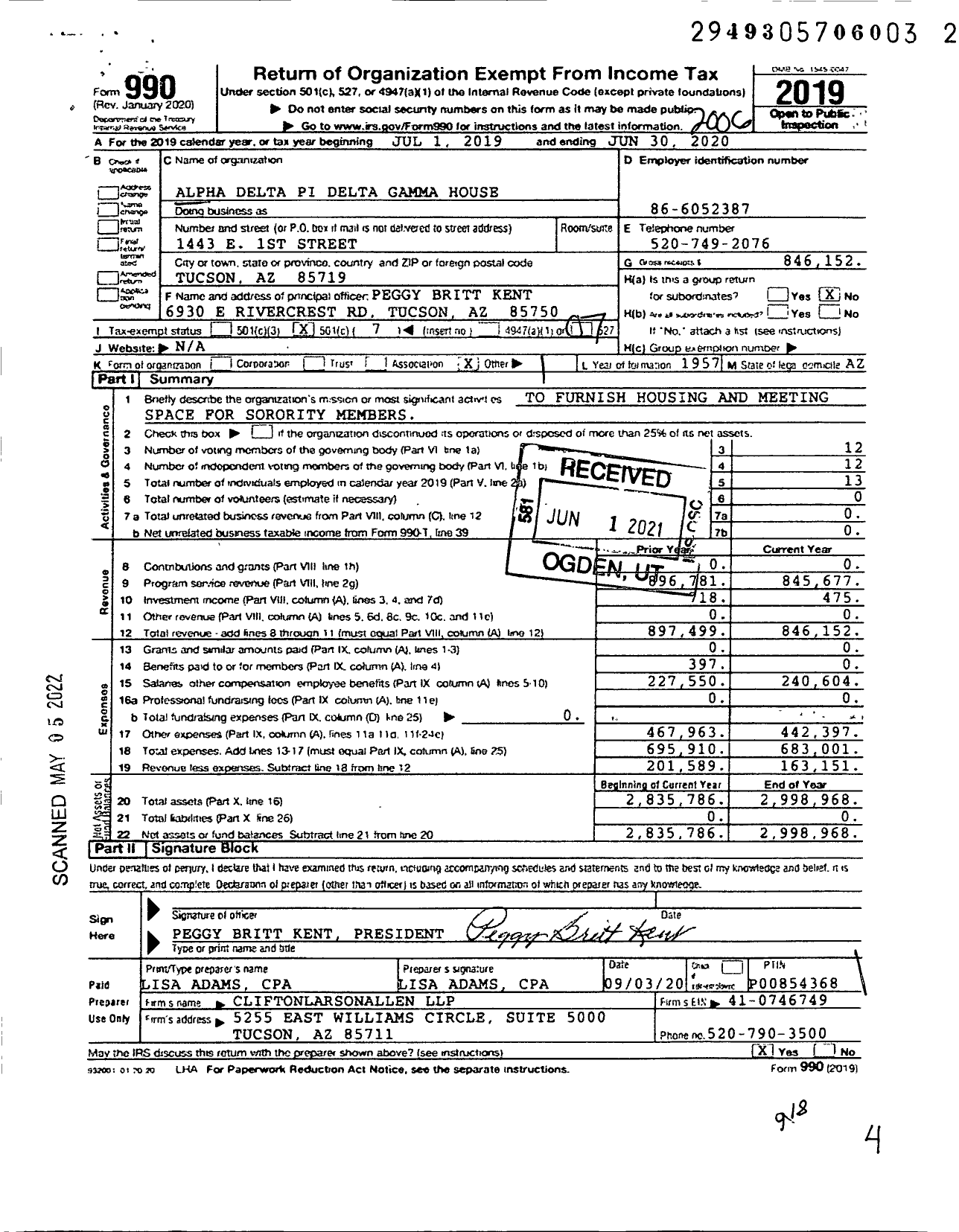 Image of first page of 2019 Form 990O for Alpha Delta Pi Delta Gamma House