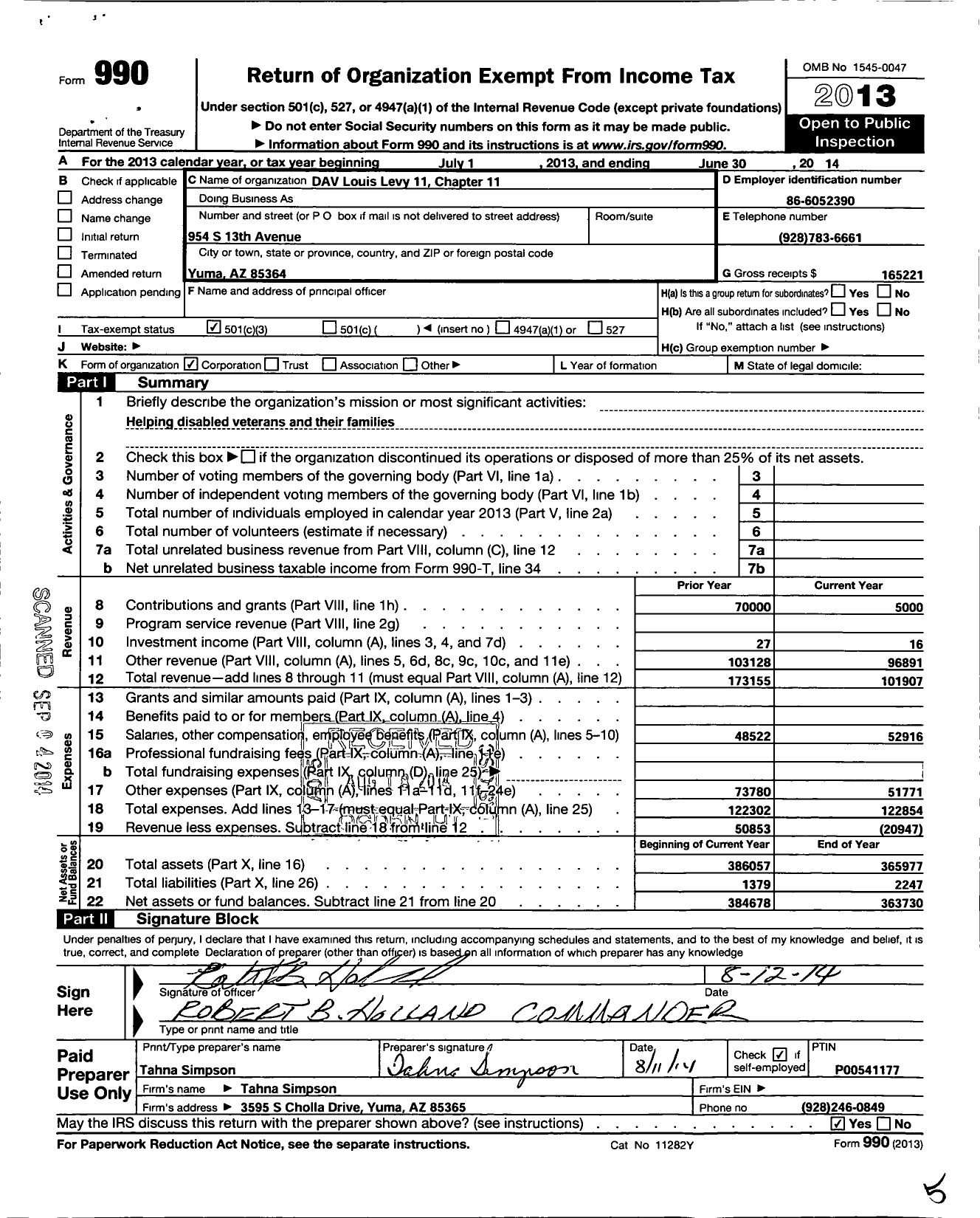 Image of first page of 2013 Form 990 for Disabled American Veterans