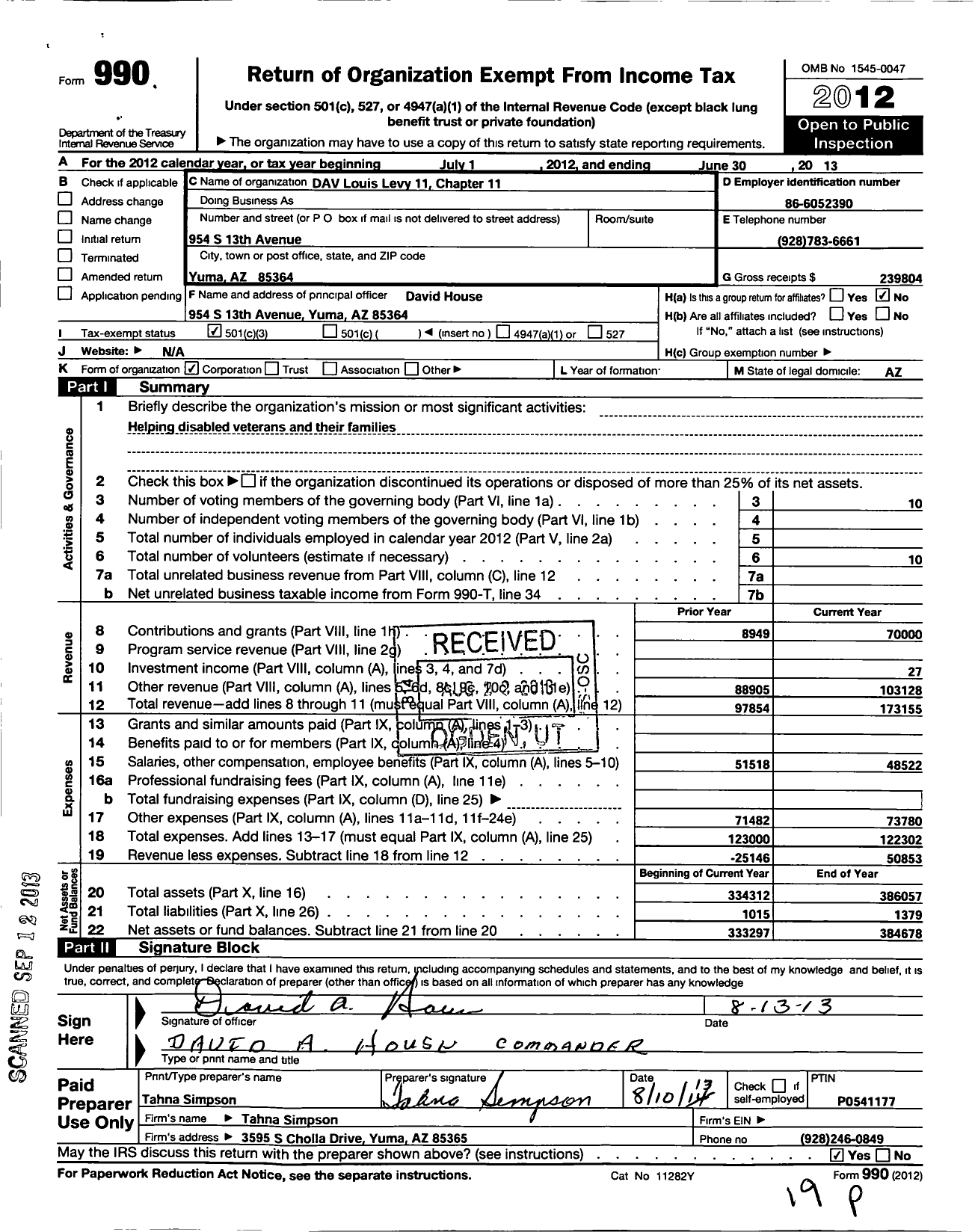 Image of first page of 2012 Form 990 for Disabled American Veterans