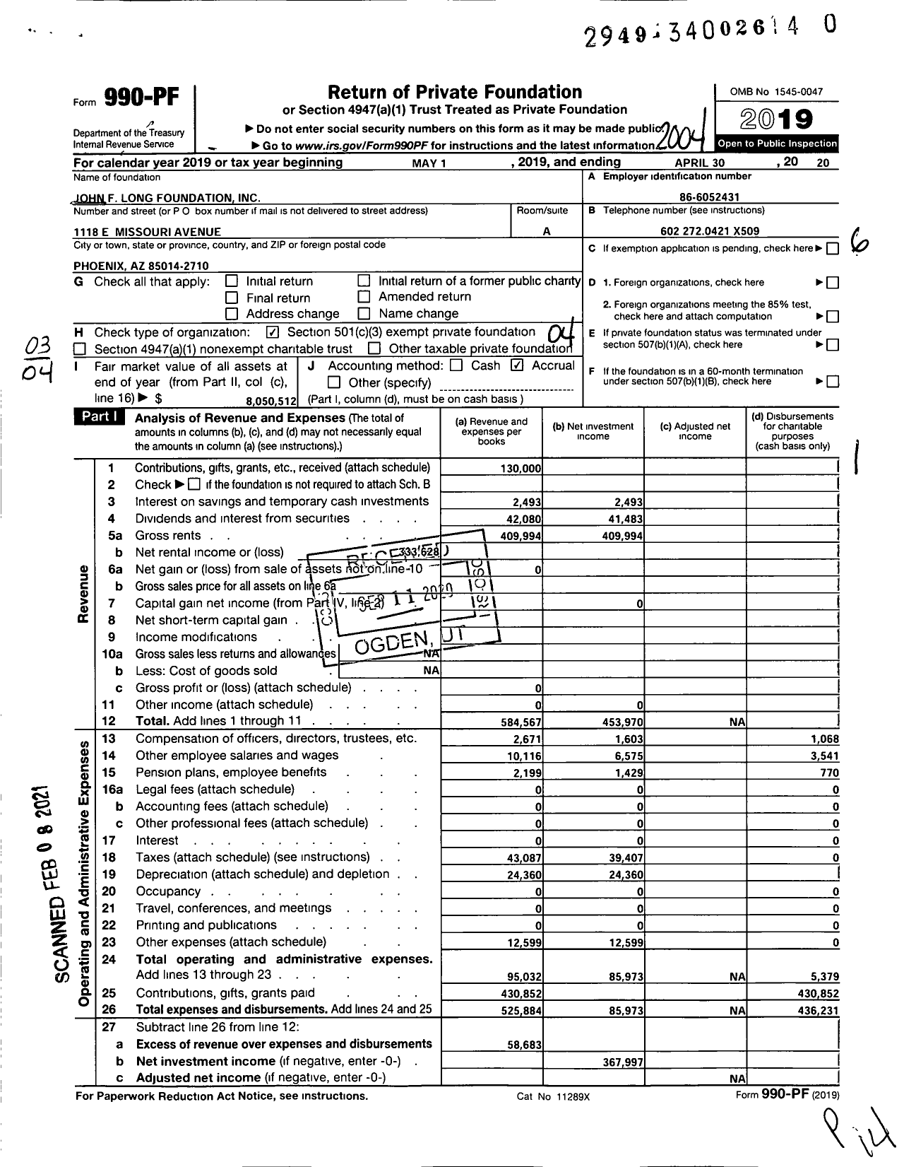 Image of first page of 2019 Form 990PF for John F Long Foundation