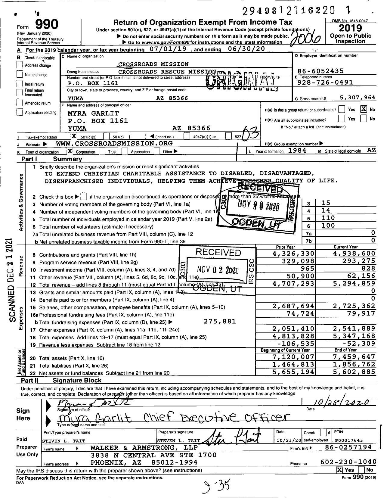 Image of first page of 2019 Form 990 for Crossroads Rescue Mission