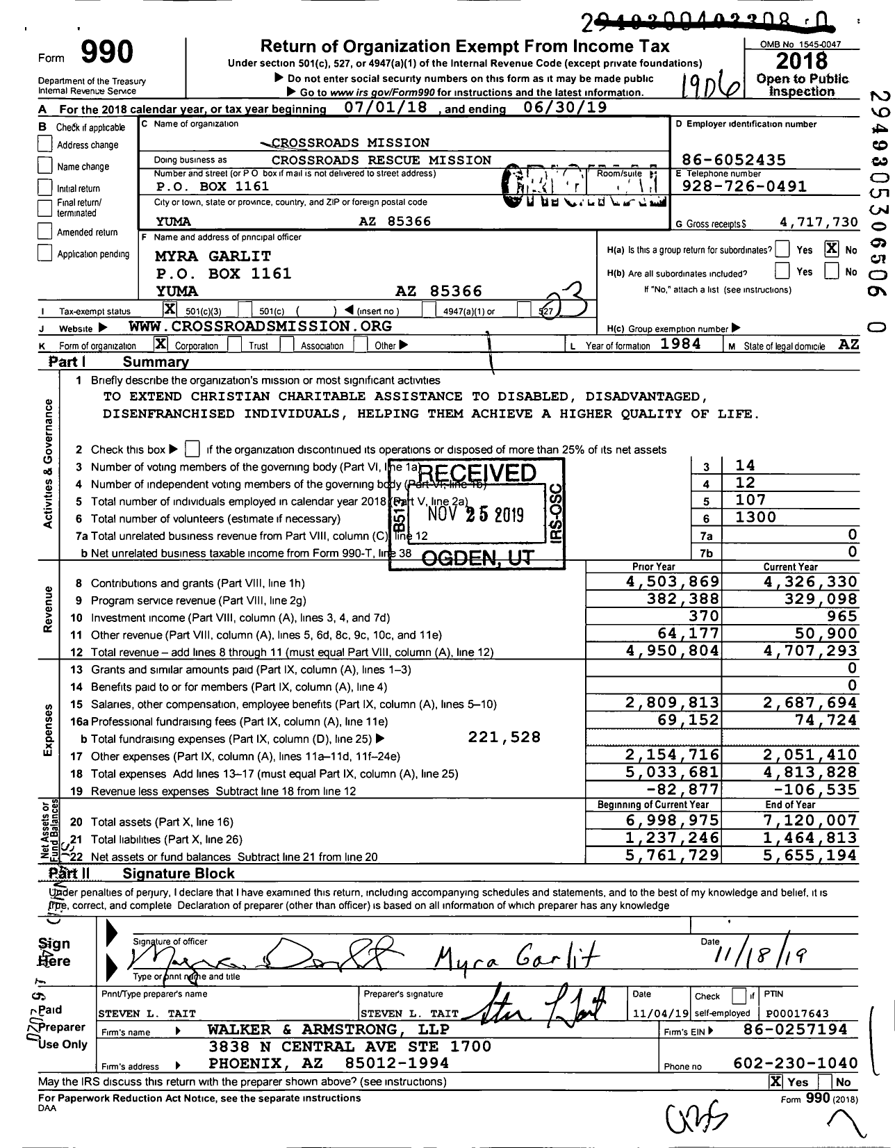 Image of first page of 2018 Form 990 for Crossroads Rescue Mission