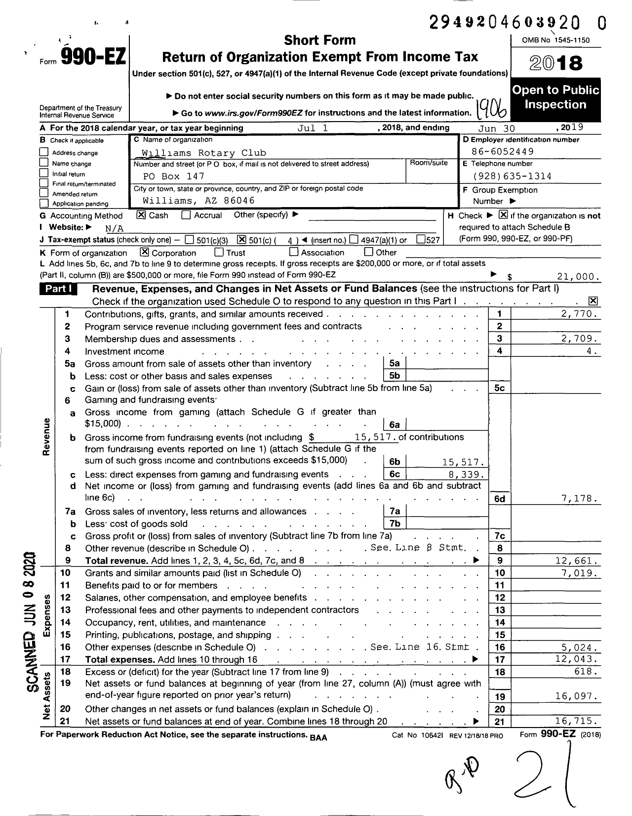 Image of first page of 2018 Form 990EO for Rotary International - Williams