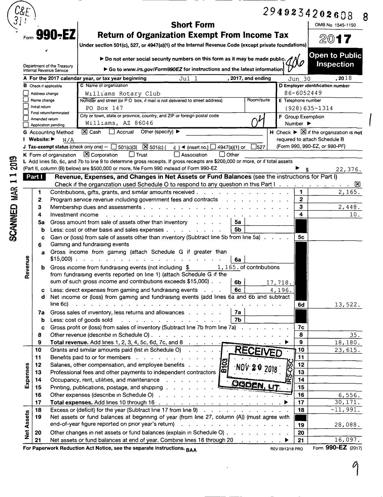 Image of first page of 2017 Form 990EO for Rotary International - Williams