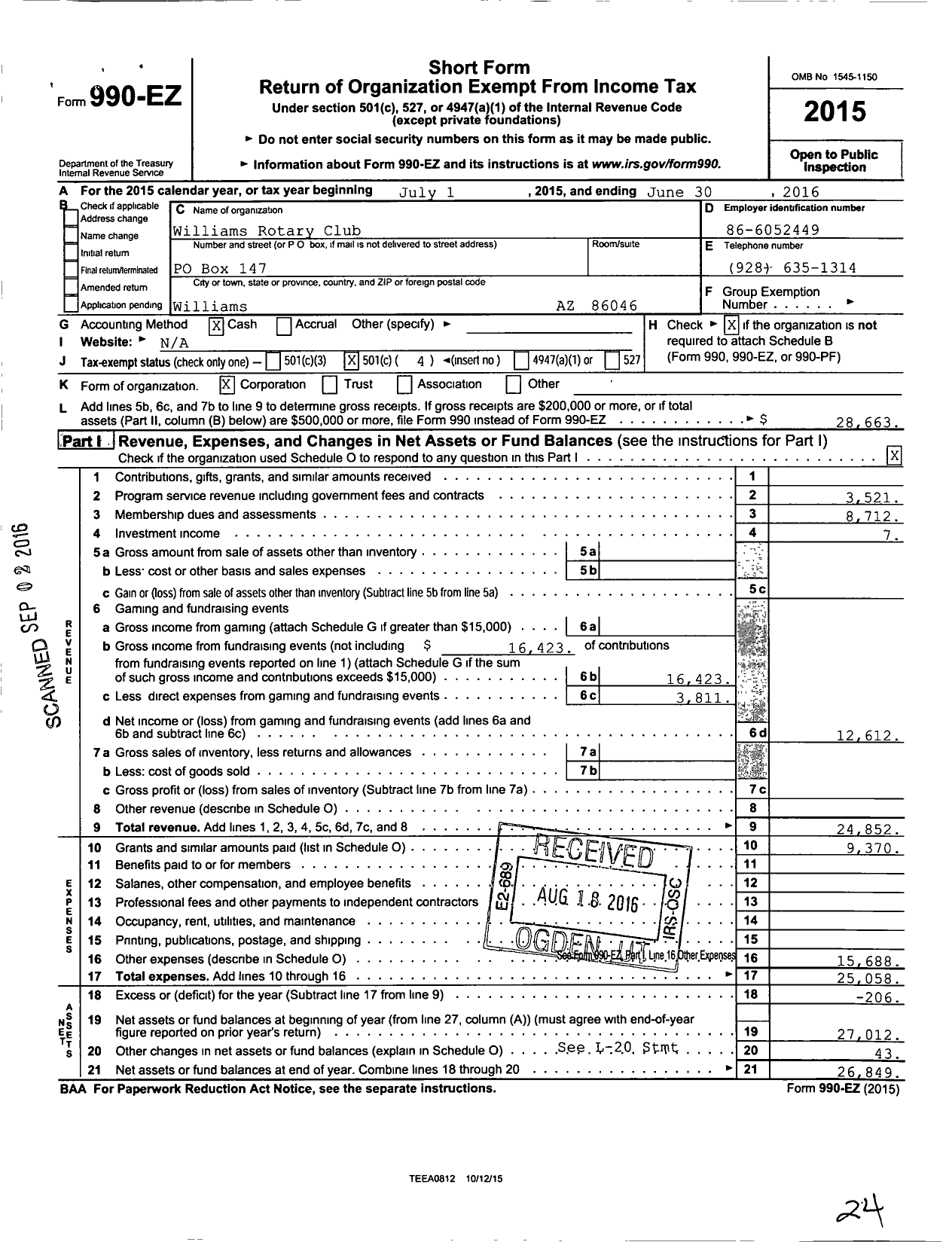 Image of first page of 2015 Form 990EO for Rotary International - Williams