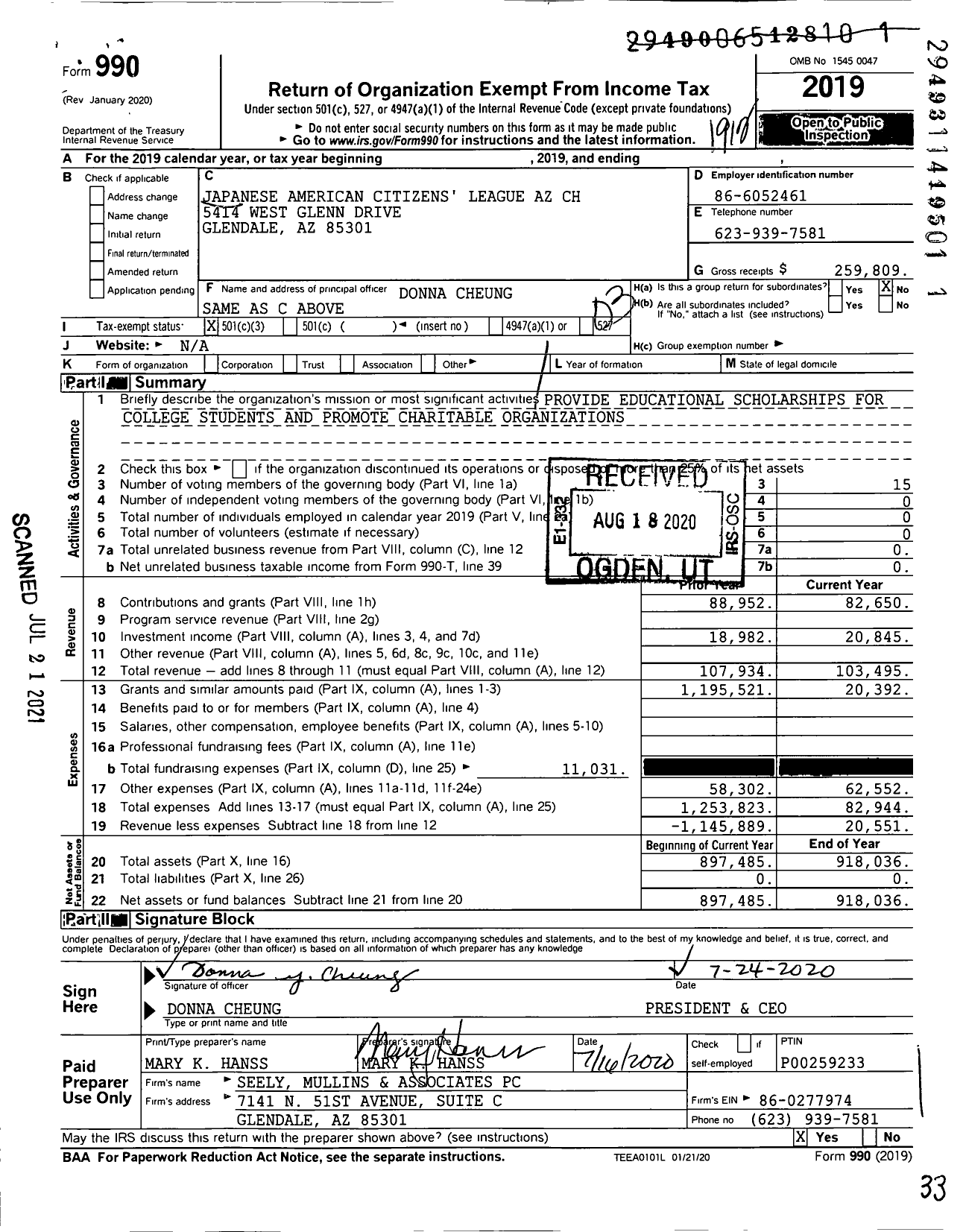 Image of first page of 2019 Form 990 for Japanese American Citizens League Az CH