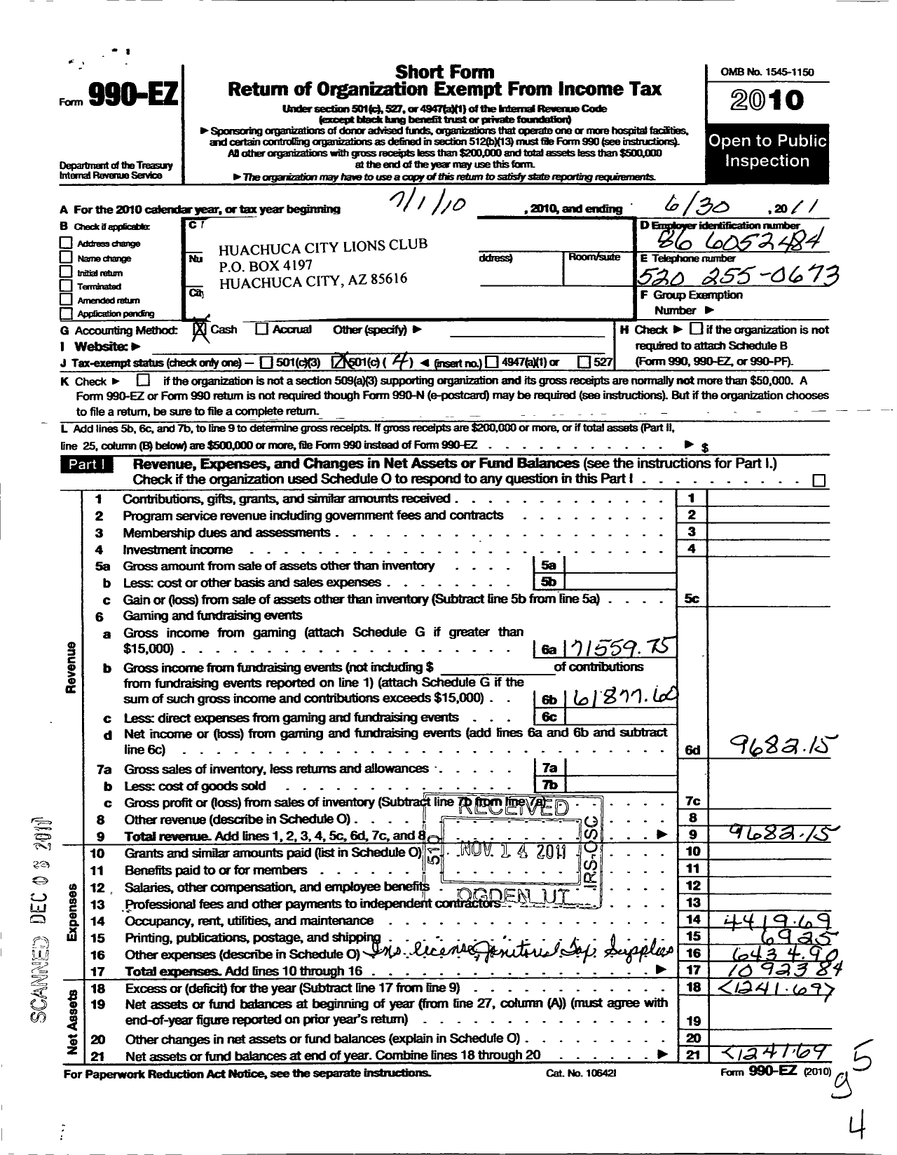 Image of first page of 2010 Form 990EO for Lions Clubs - 8655 Huachuca City Arizona