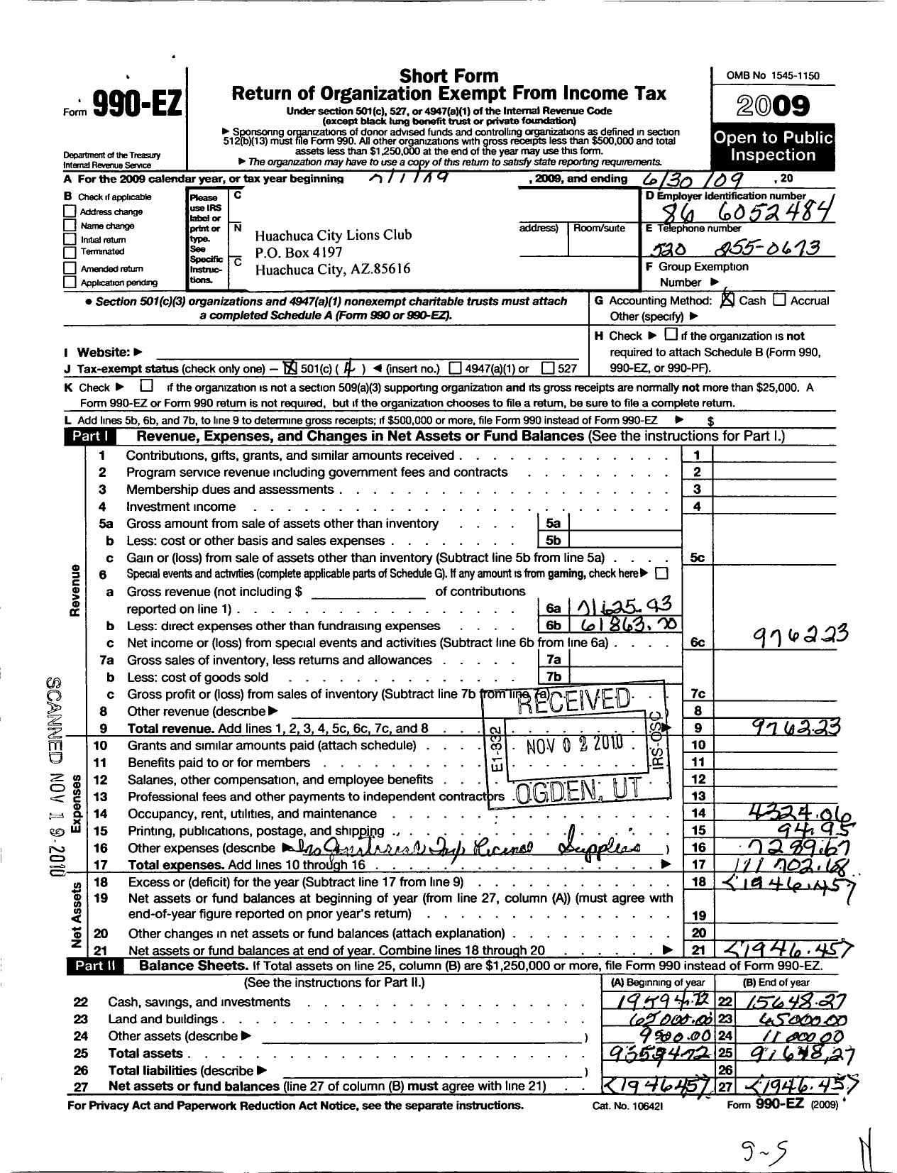 Image of first page of 2008 Form 990EO for Lions Clubs - 8655 Huachuca City Arizona