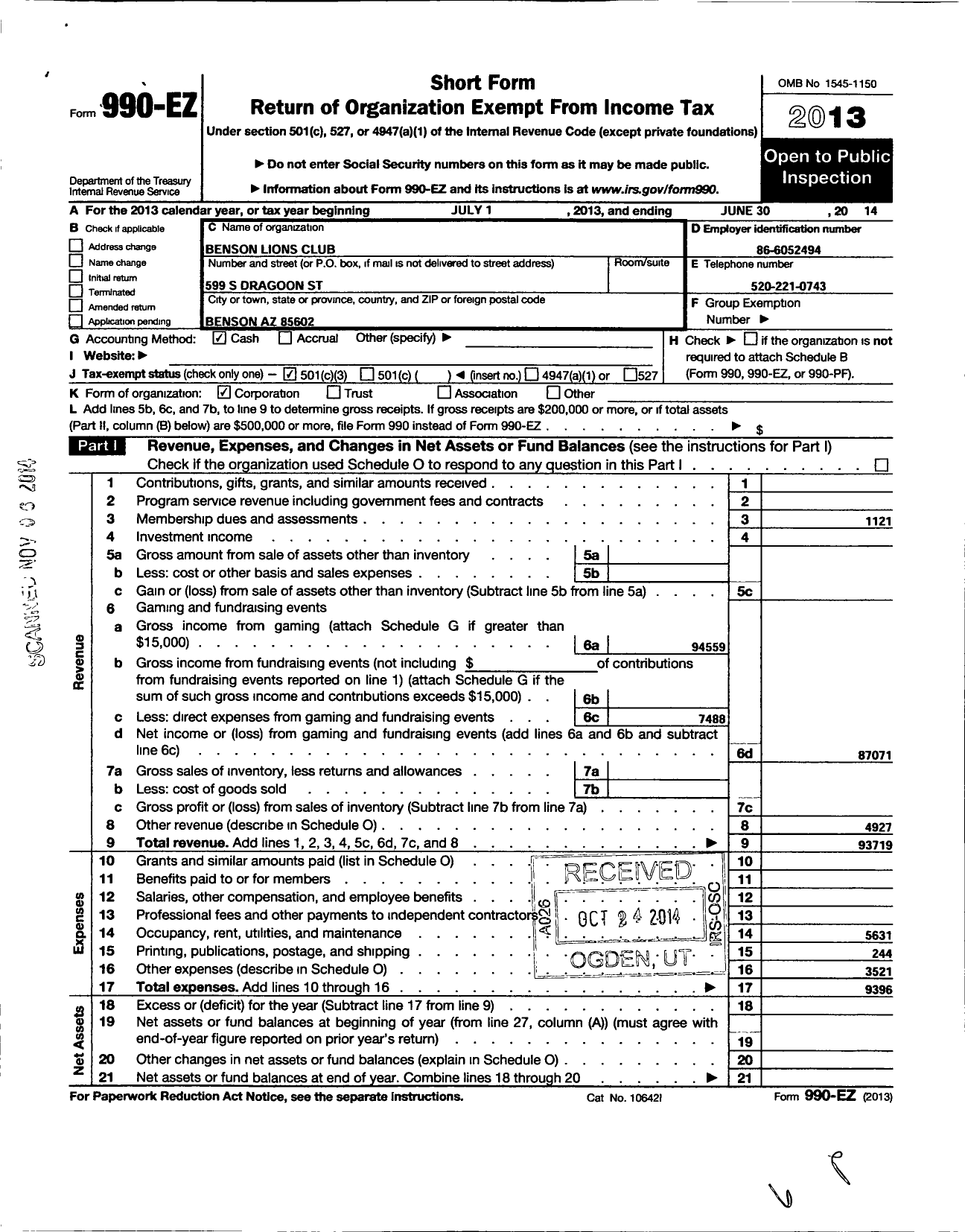 Image of first page of 2013 Form 990EZ for Lions Clubs - 8638 Benson Arizona