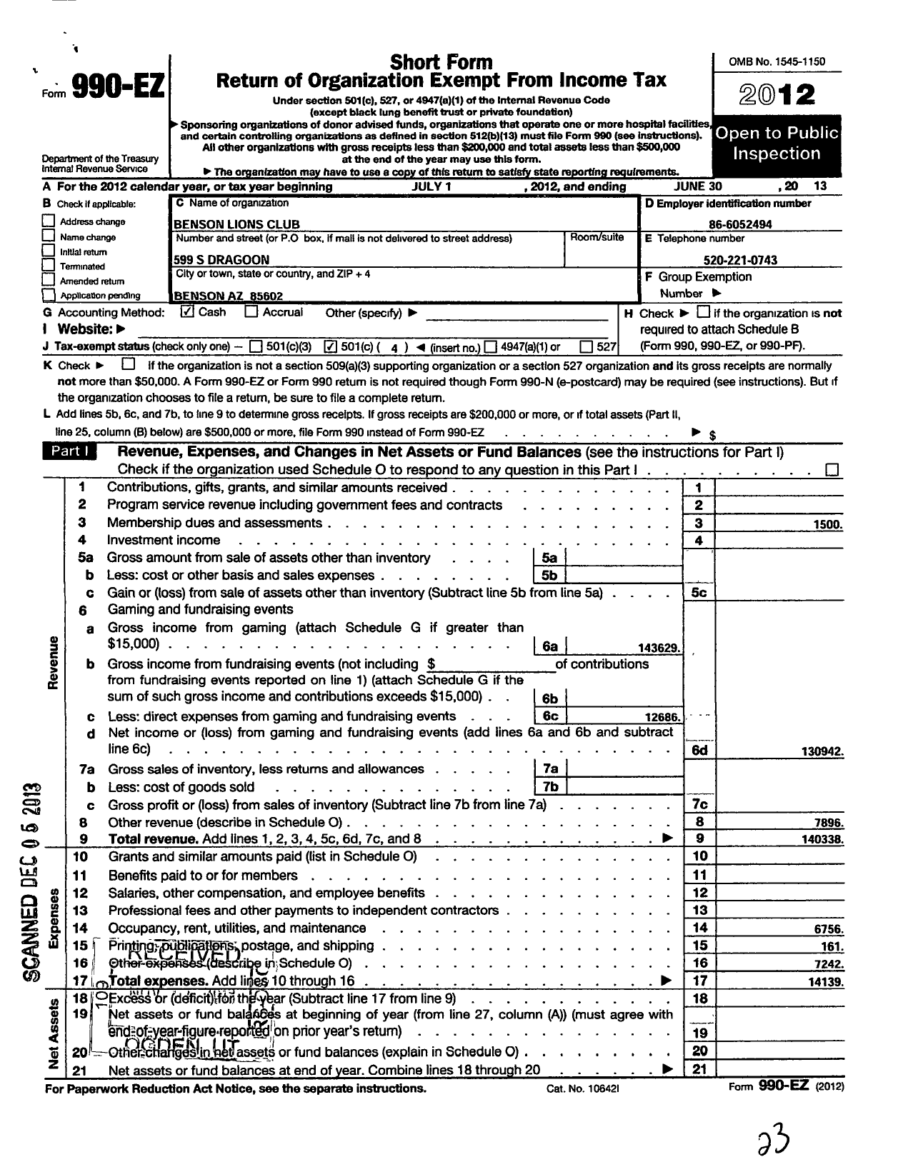 Image of first page of 2012 Form 990EO for Lions Clubs - 8638 Benson Arizona