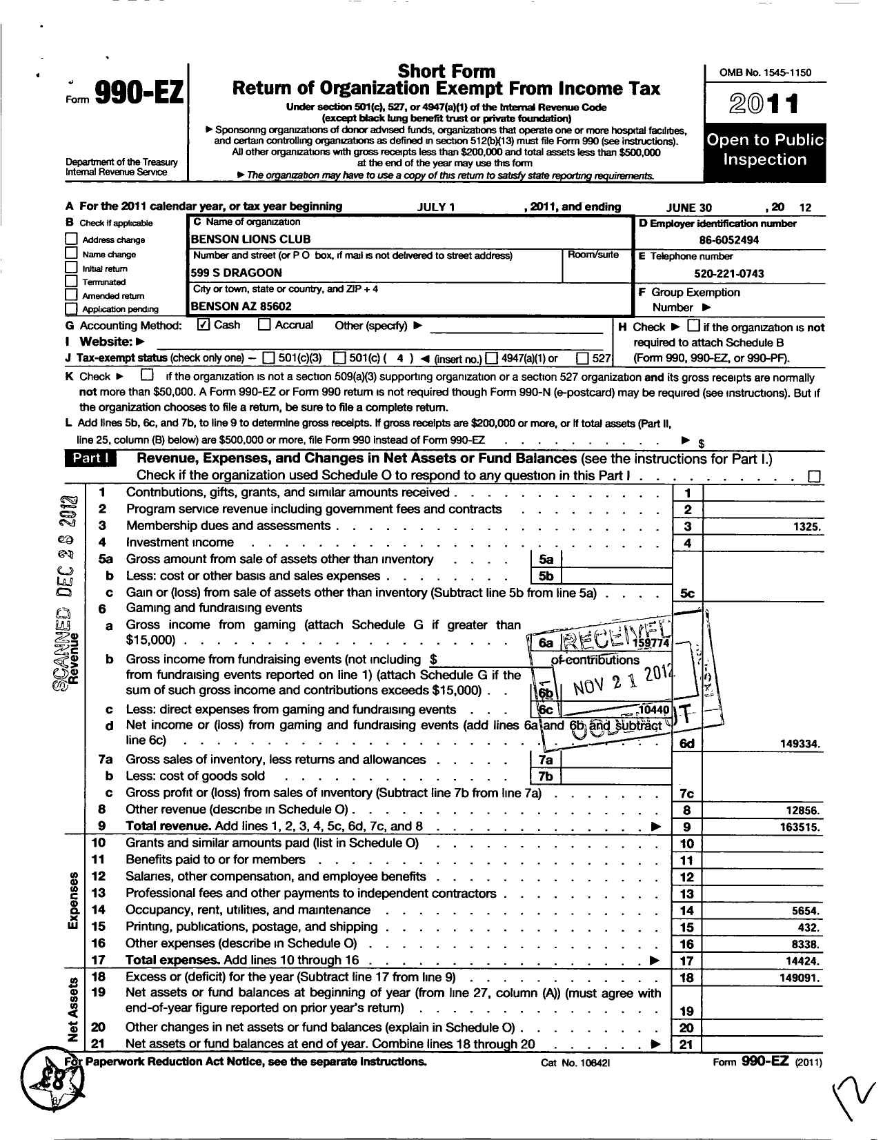 Image of first page of 2011 Form 990EO for Lions Clubs - 8638 Benson Arizona