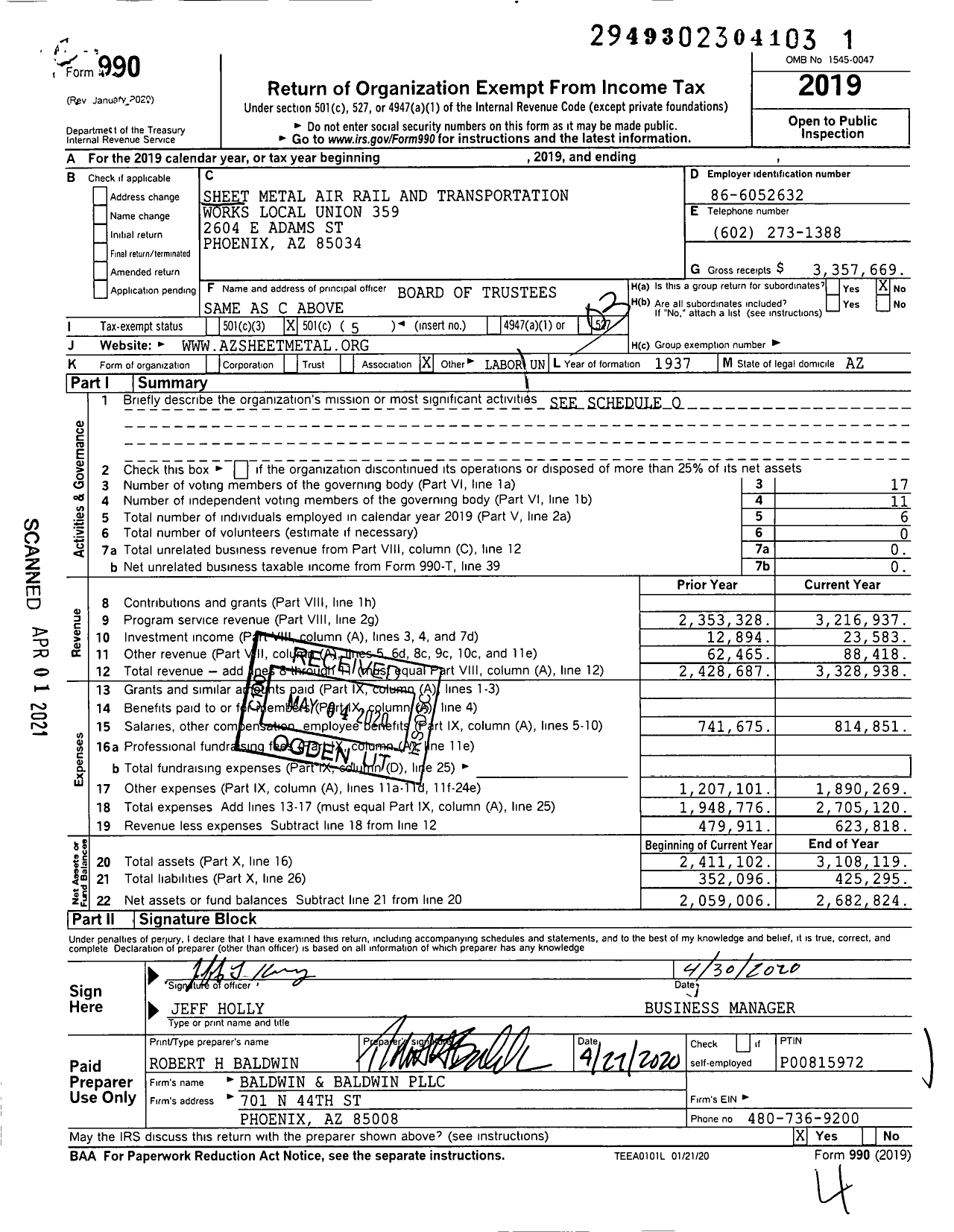 Image of first page of 2019 Form 990 for Smart Union - 359 SM