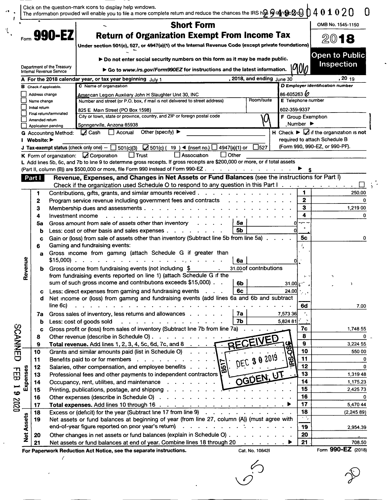 Image of first page of 2018 Form 990EO for American Legion Auxiliary - 30 John H Slaughter