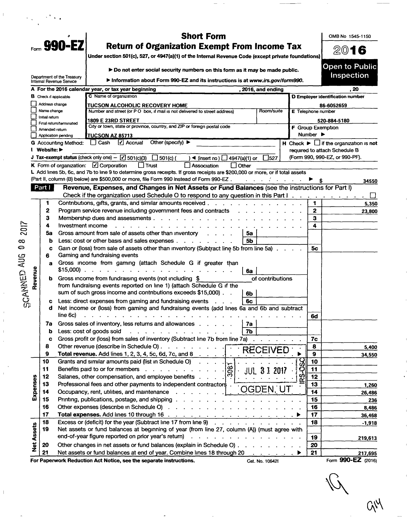 Image of first page of 2016 Form 990EZ for Tucson Alcoholic Recovery Home