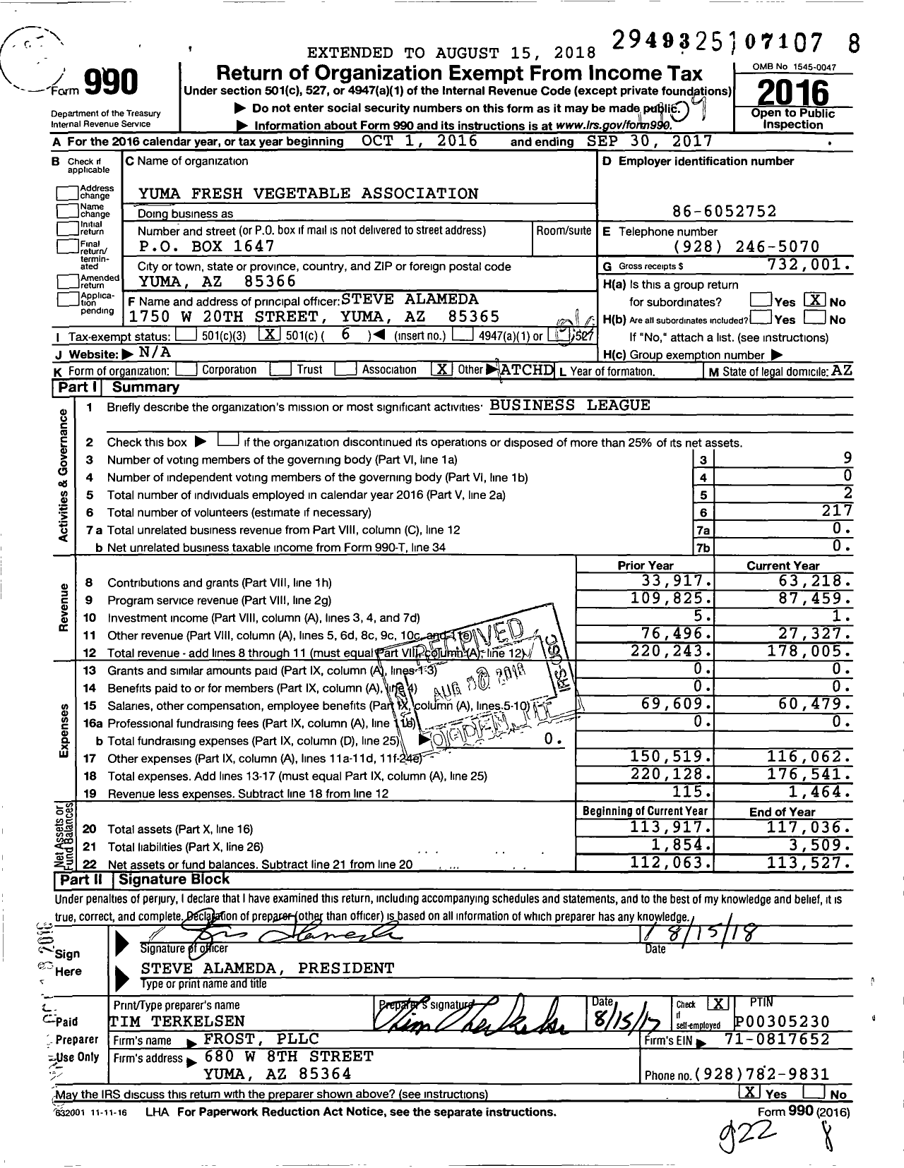 Image of first page of 2016 Form 990O for Yuma Fresh Vegetable Association