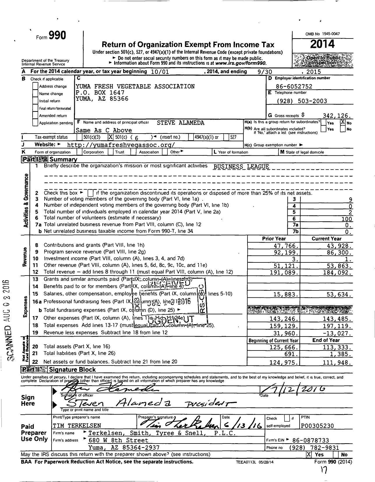 Image of first page of 2014 Form 990O for Yuma Fresh Vegetable Association