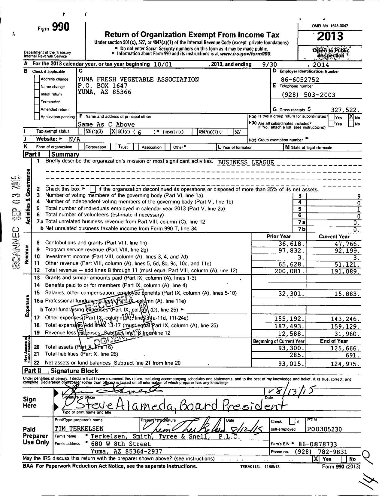 Image of first page of 2013 Form 990O for Yuma Fresh Vegetable Association