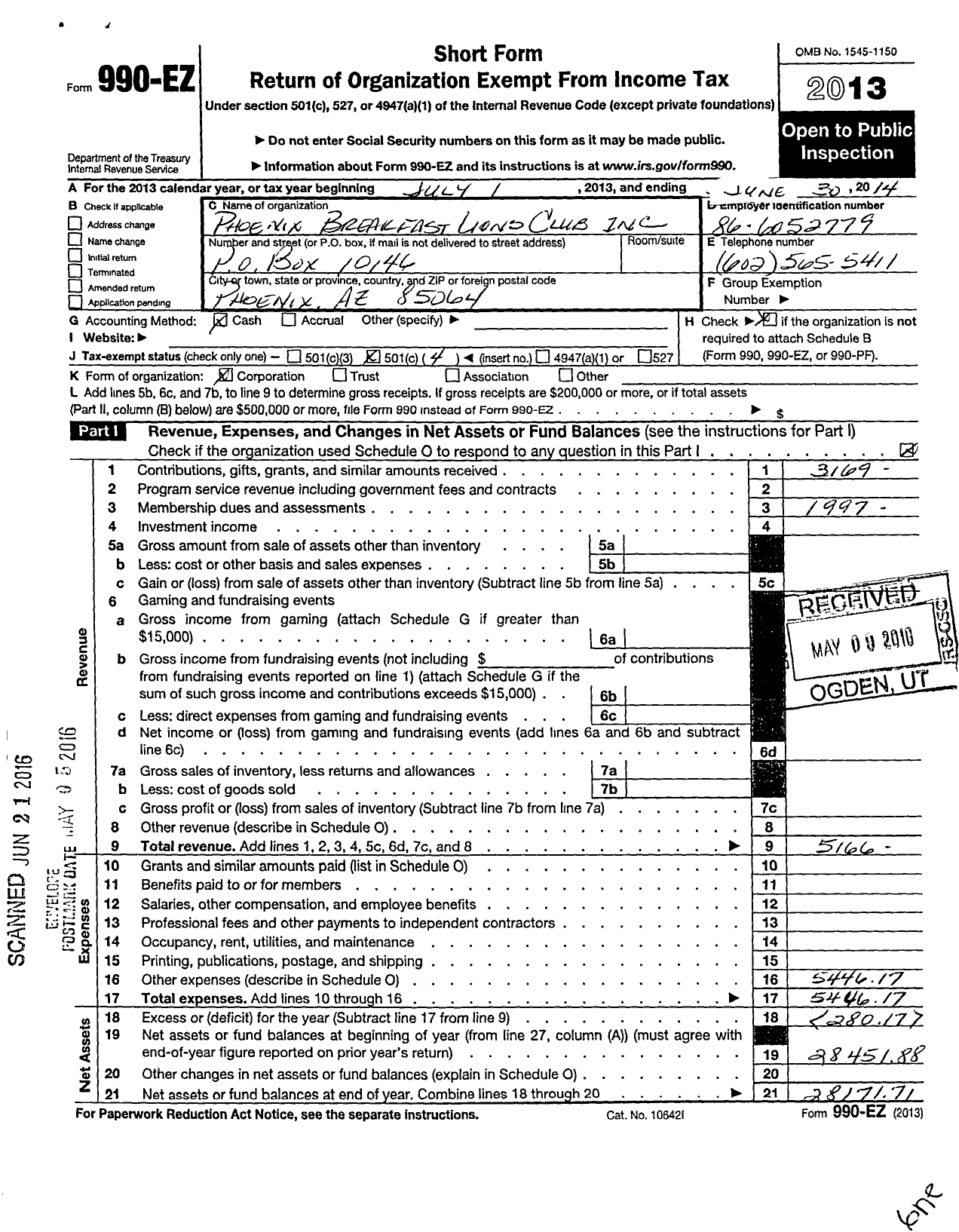 Image of first page of 2013 Form 990EO for Phoenix Breakfast Lions Club