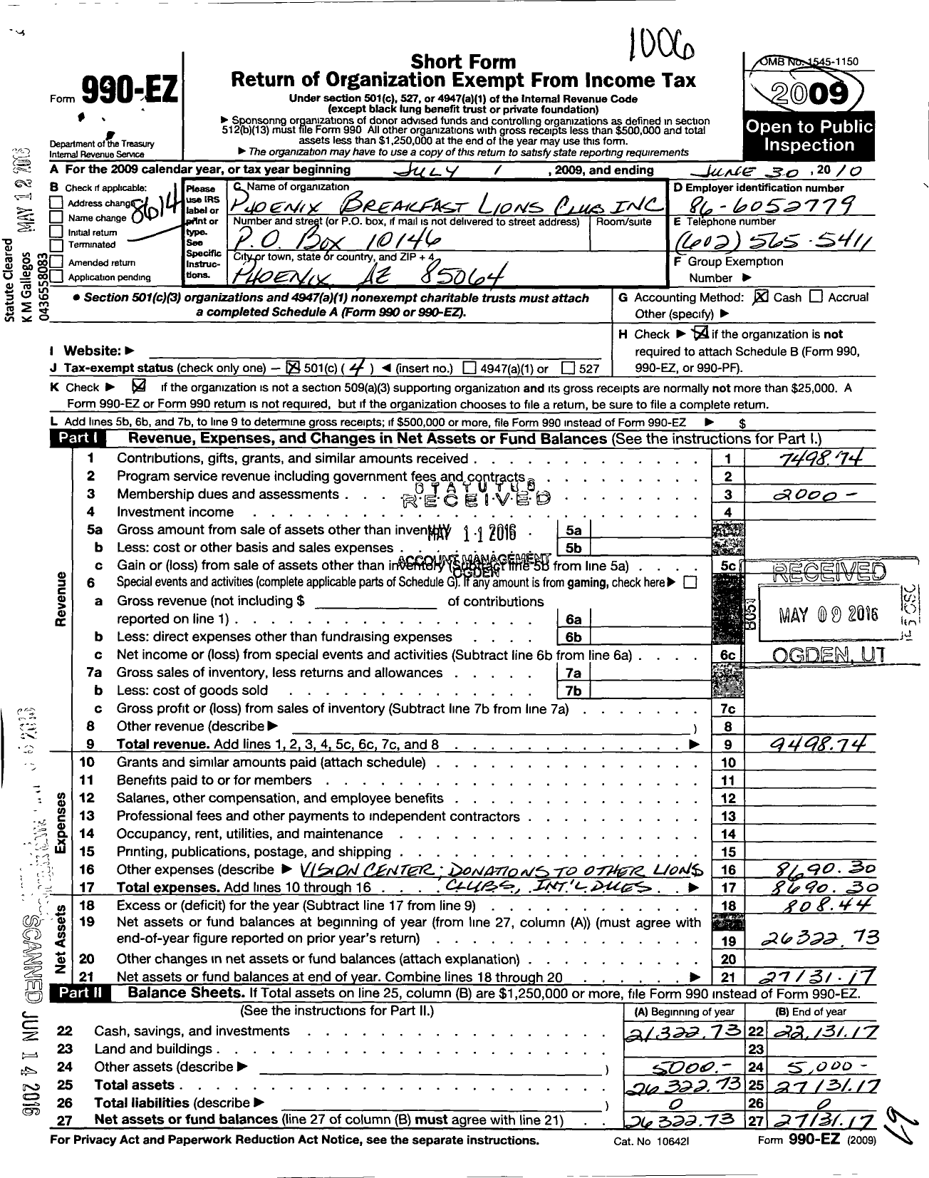 Image of first page of 2009 Form 990EO for Phoenix Breakfast Lions Club