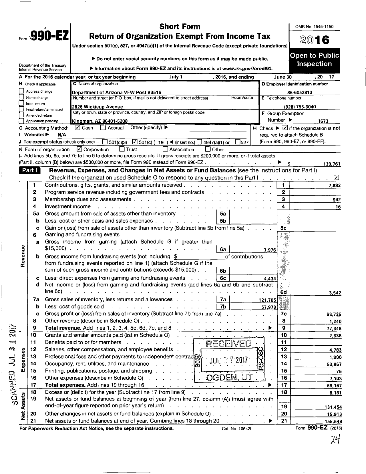 Image of first page of 2016 Form 990EO for Veterans of Foreign Wars of Arizona - 3516 Robert J Curran Post