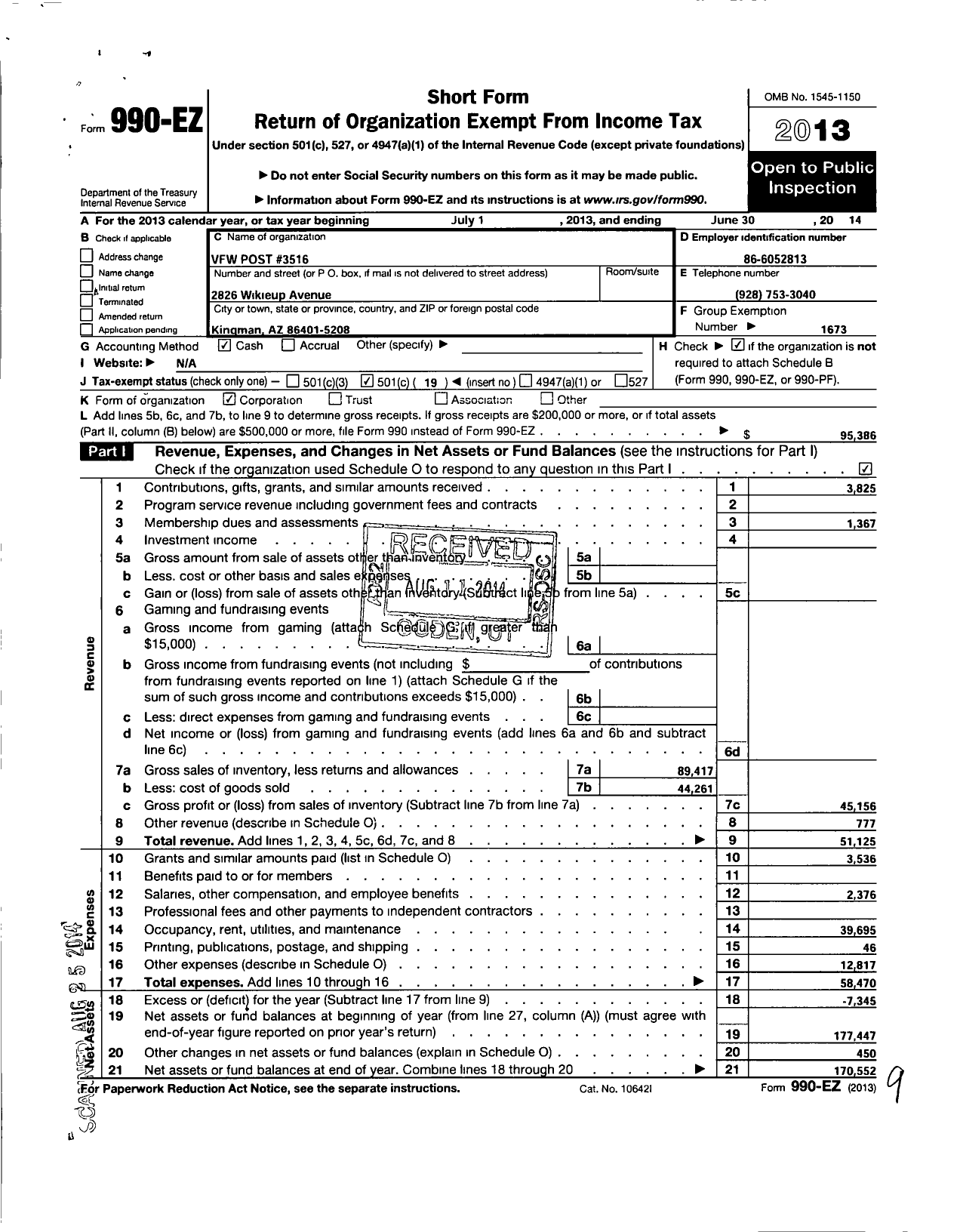 Image of first page of 2013 Form 990EO for Veterans of Foreign Wars of Arizona - 3516 Robert J Curran Post