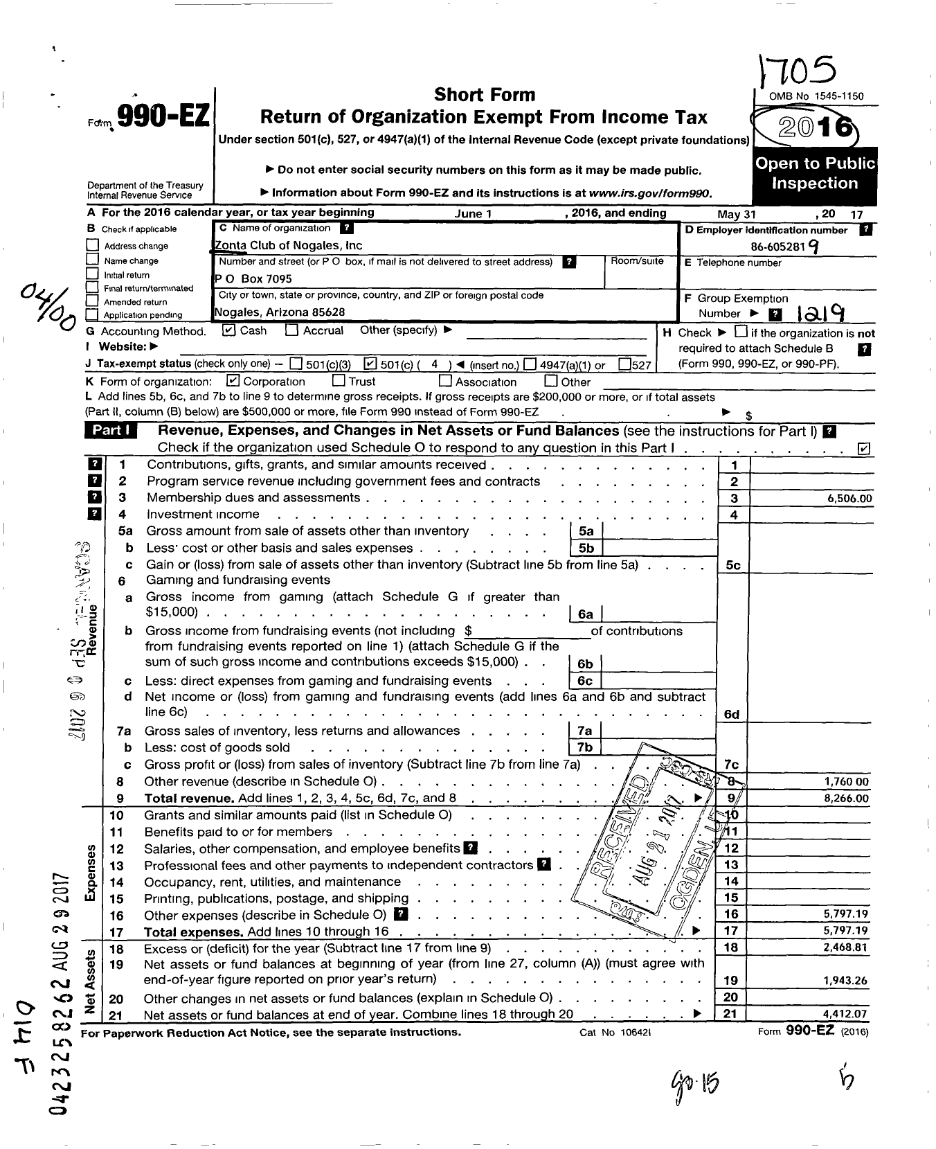 Image of first page of 2016 Form 990EO for Zonta International / Nogales