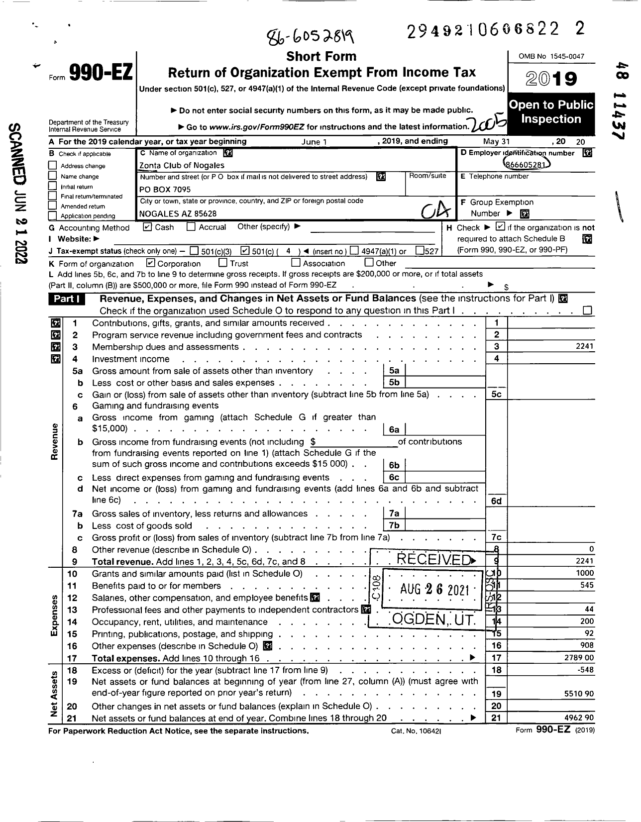 Image of first page of 2019 Form 990EO for Zonta International / Nogales