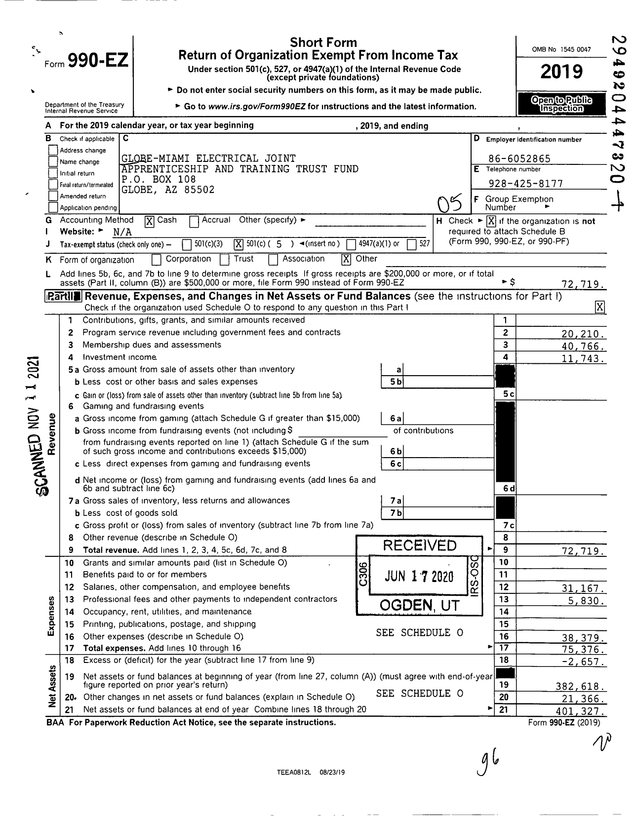 Image of first page of 2019 Form 990EO for Globe-Miami Electrical Joint Apprenticeship and Training Trust Fund