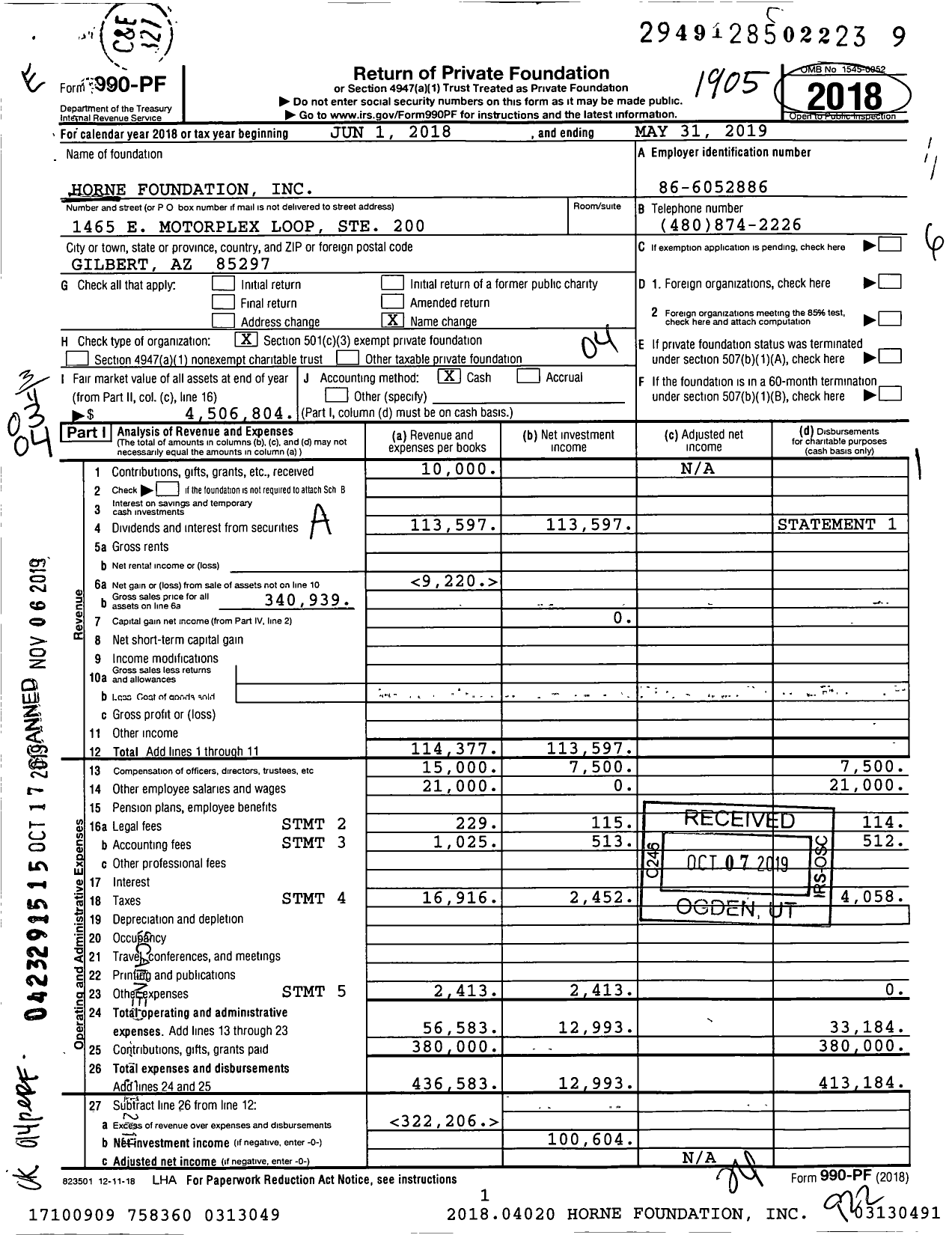 Image of first page of 2018 Form 990PF for Horne Foundation