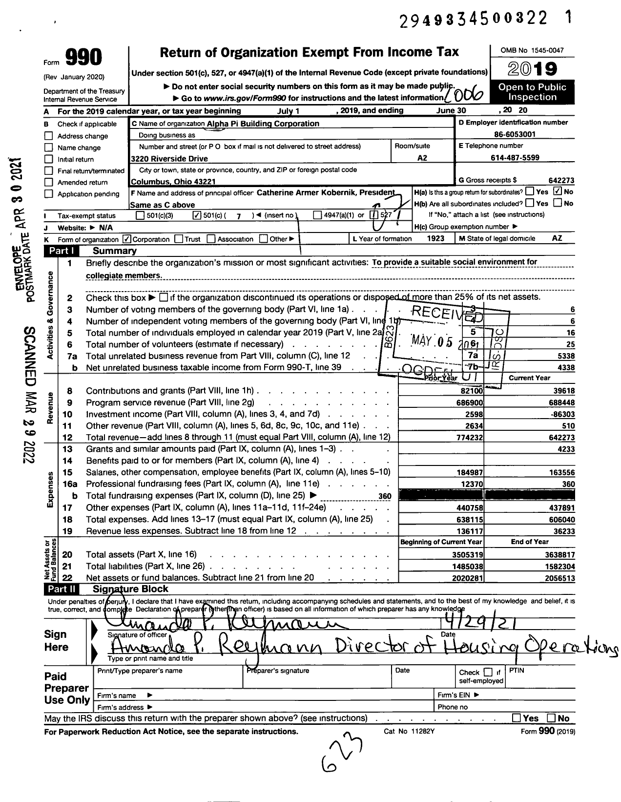 Image of first page of 2019 Form 990O for Alpha Pi Building Corporation