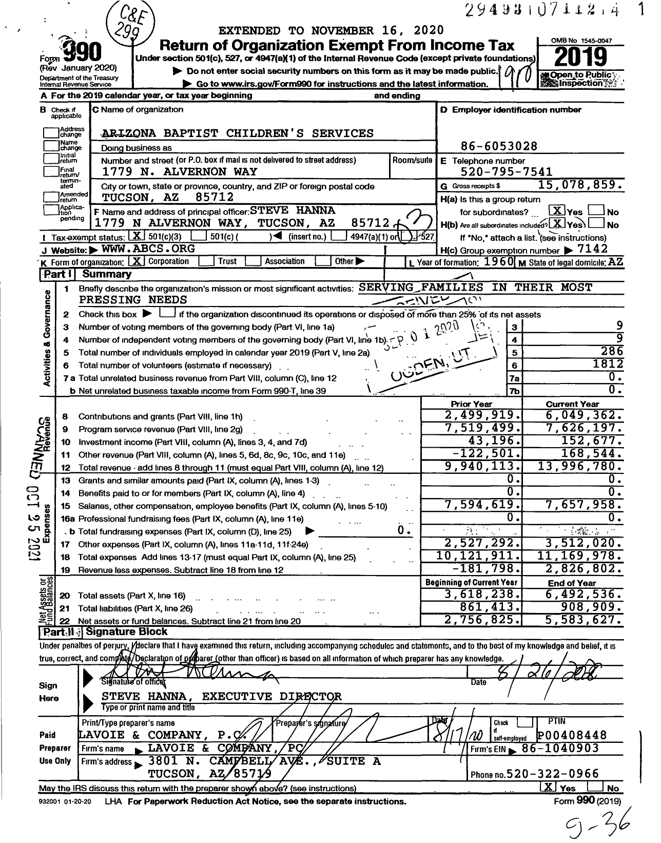 Image of first page of 2019 Form 990 for Arizona Baptist Children's Services and Family Ministries (ABCS)