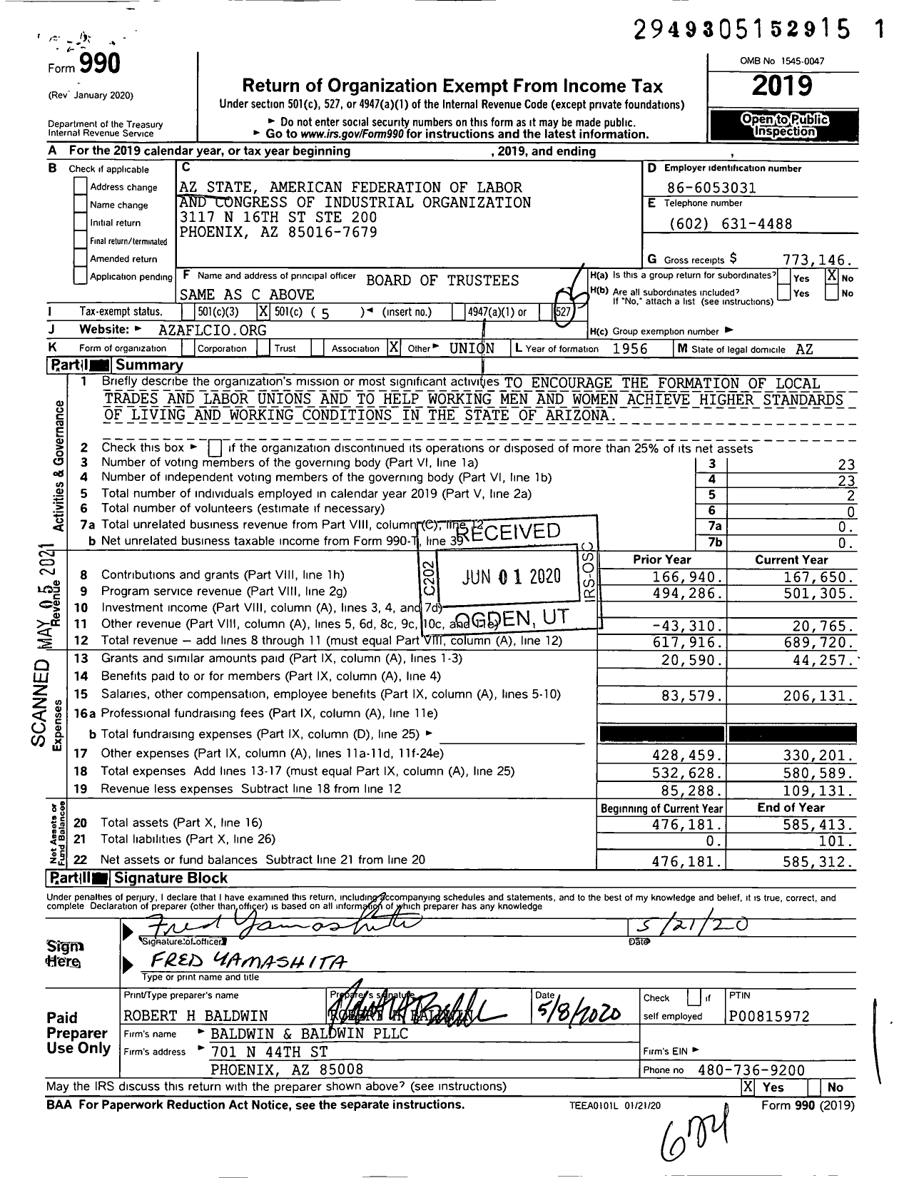 Image of first page of 2019 Form 990O for AFL-CIO - Arizona State AFL-CIO